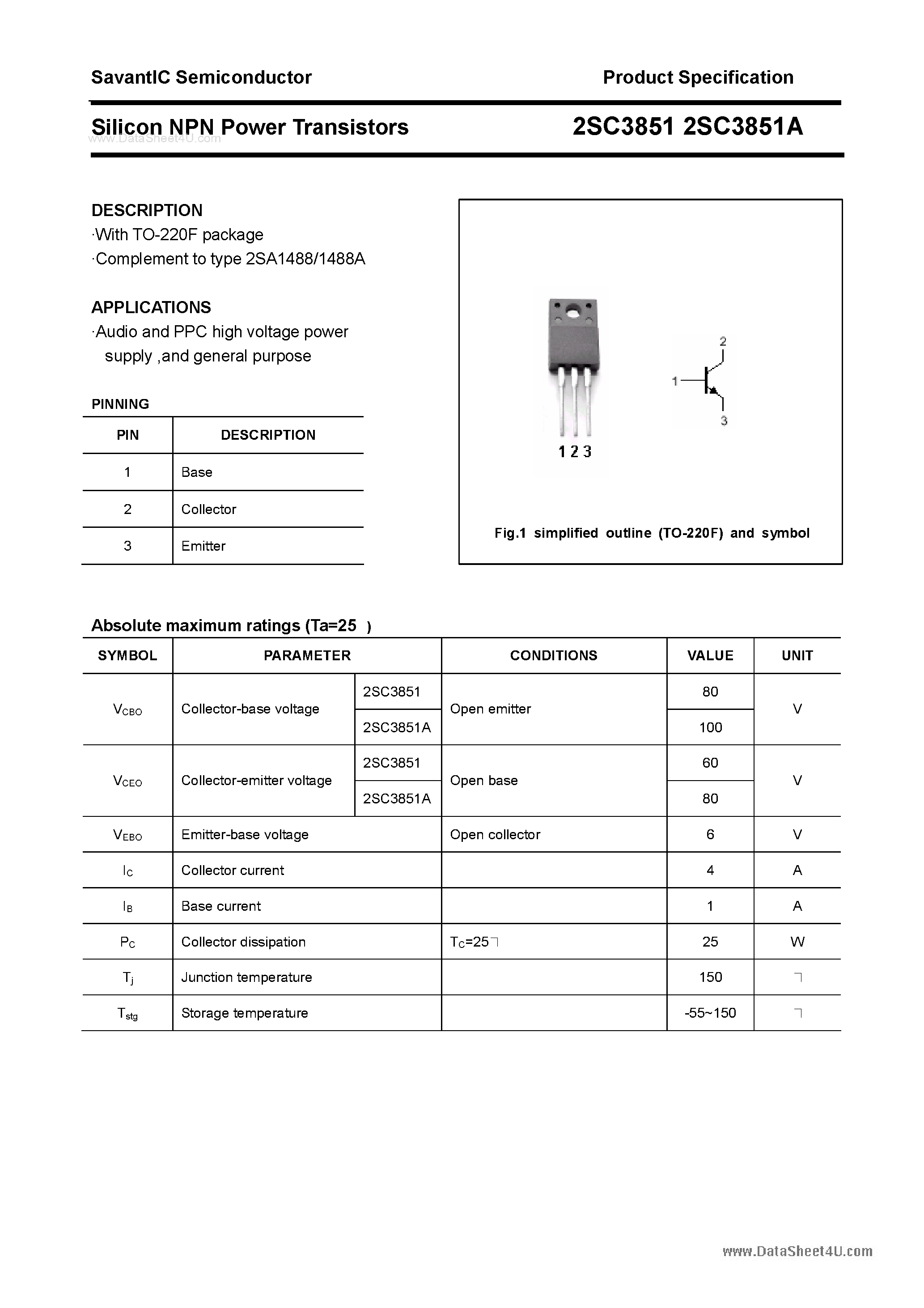 Datasheet 2SC3851 - SILICON POWER TRANSISTOR page 1