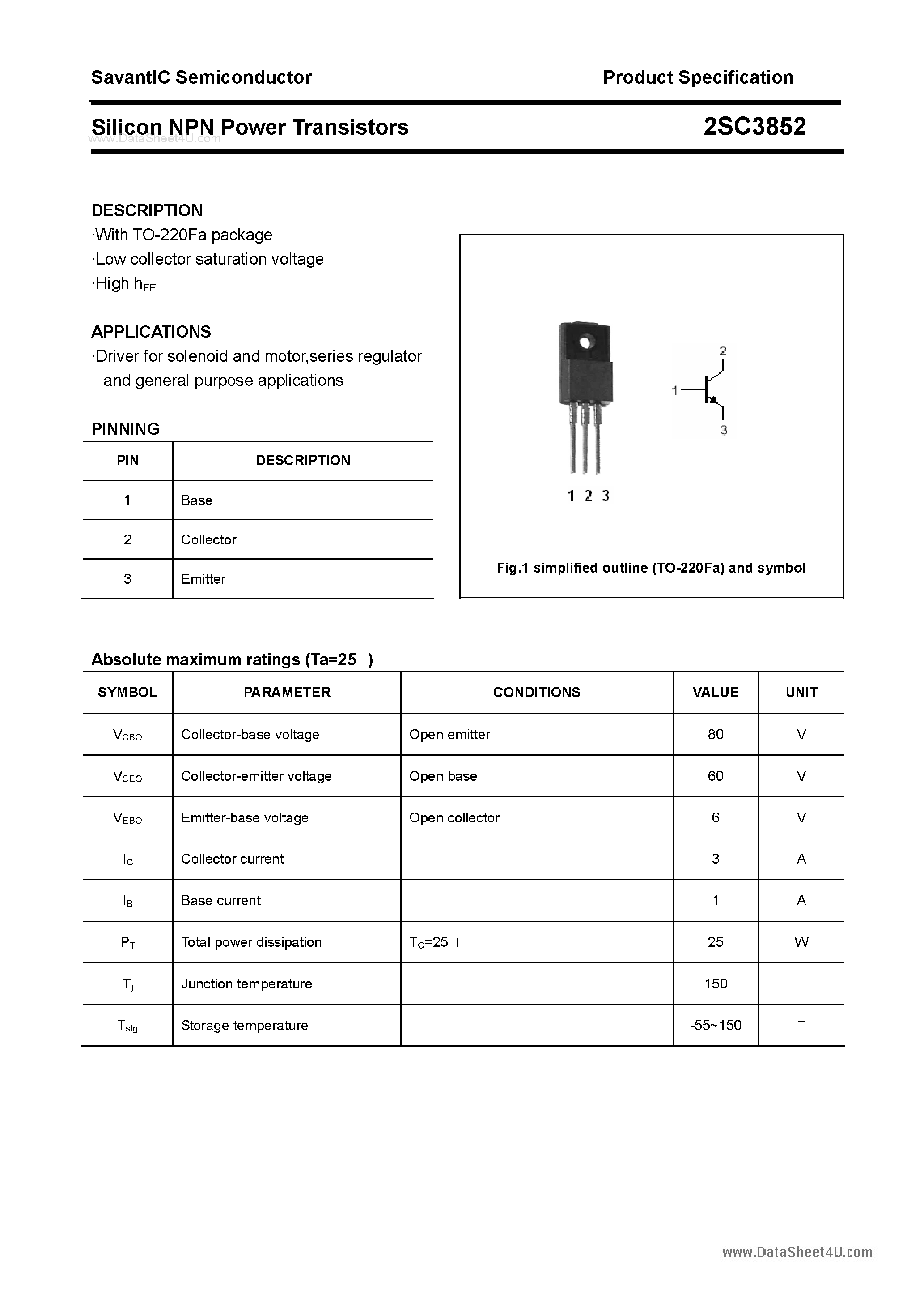 Datasheet 2SC3852 - SILICON POWER TRANSISTOR page 1