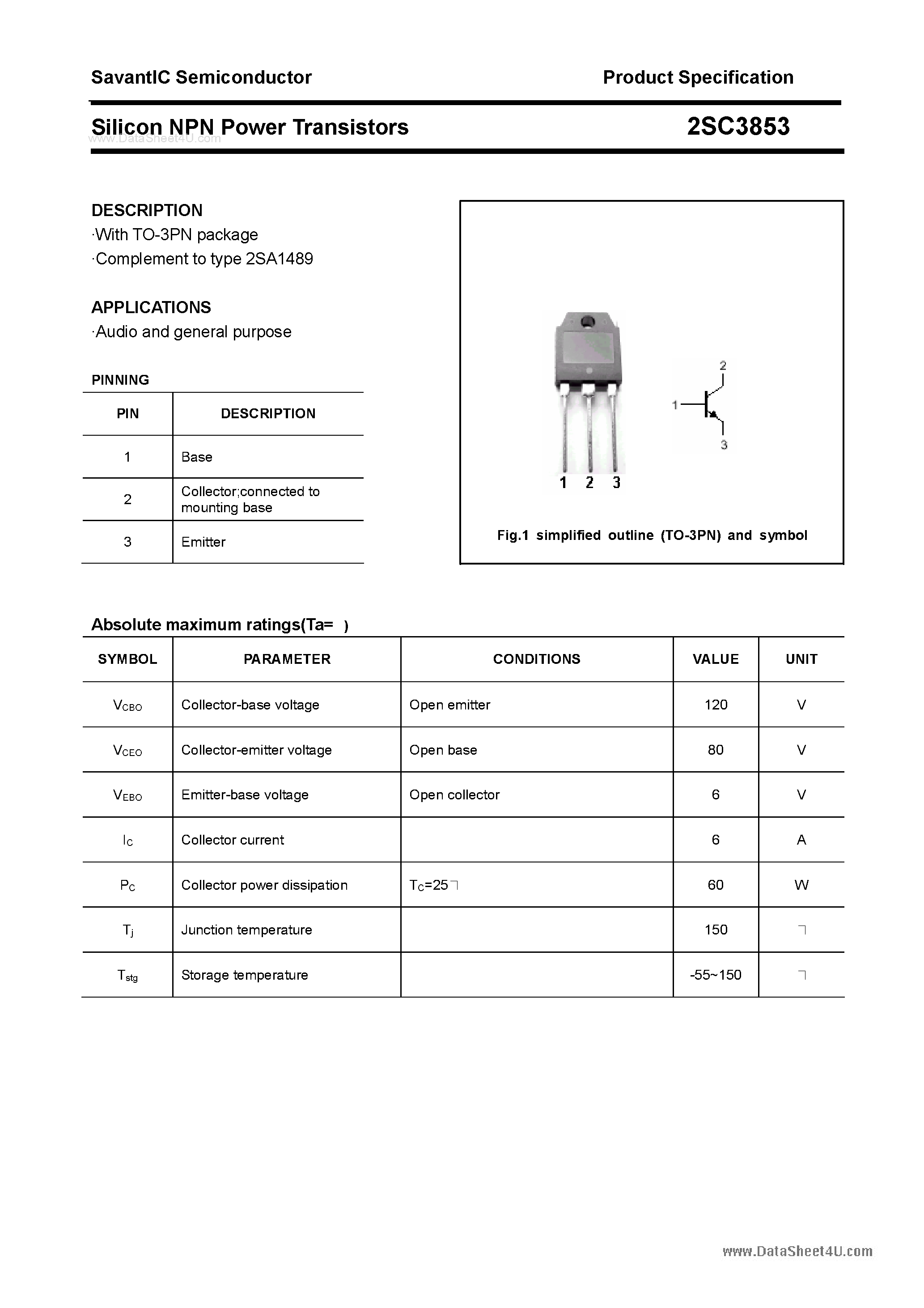Datasheet 2SC3853 - SILICON POWER TRANSISTOR page 1