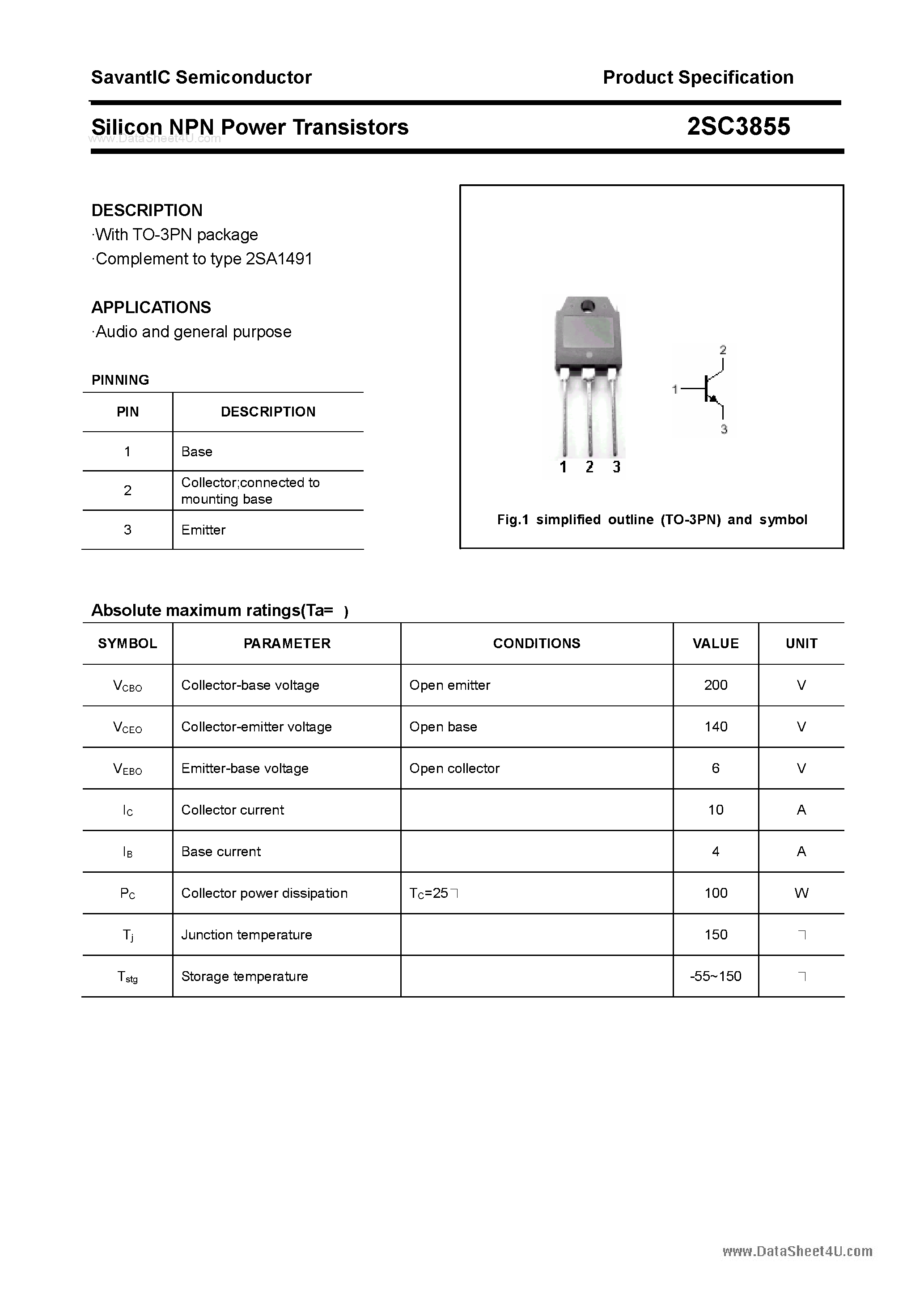 Datasheet 2SC3855 - SILICON POWER TRANSISTOR page 1