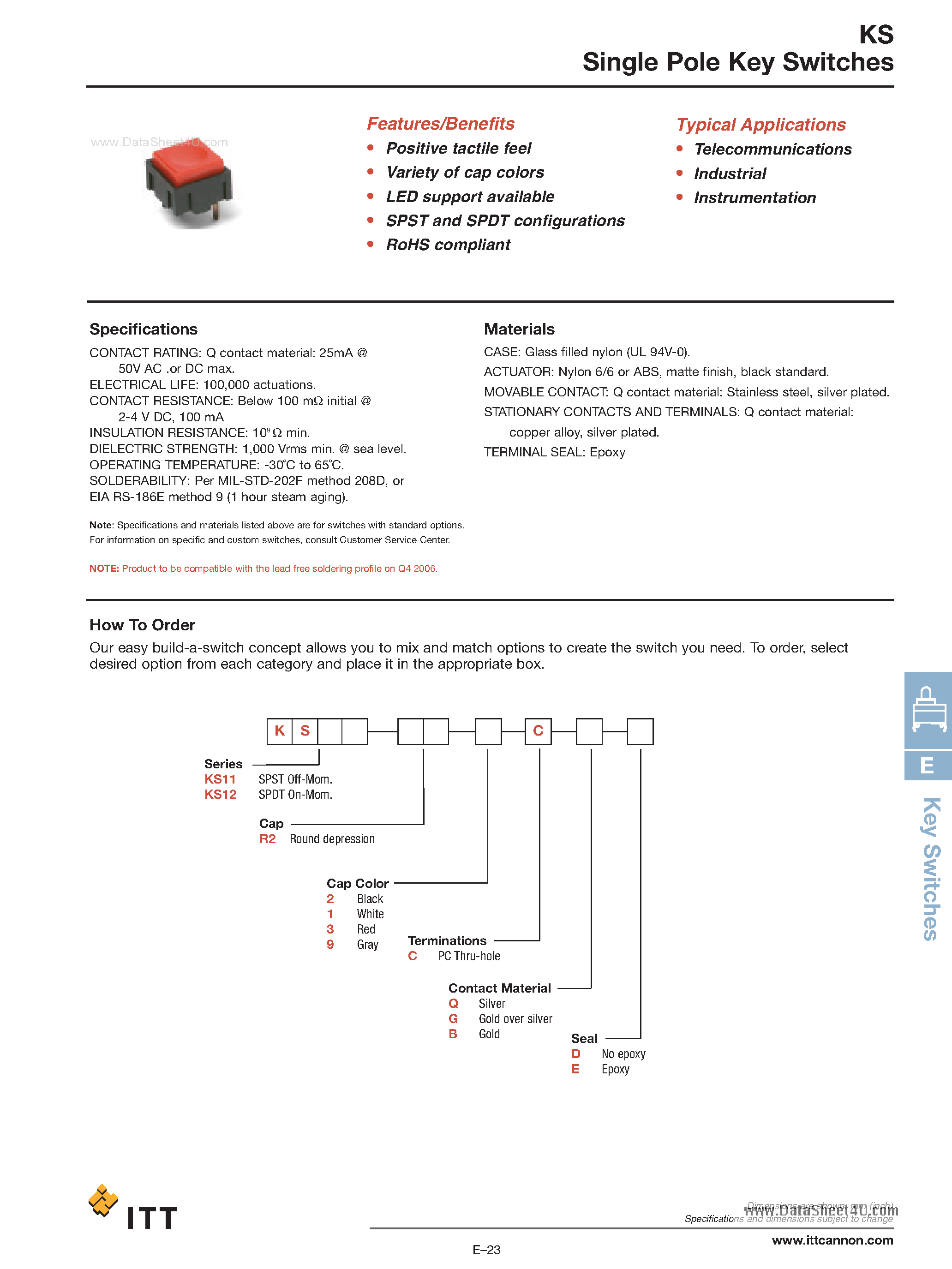 Datasheet KS11R21Cxx - Single Pole Key Switches page 1