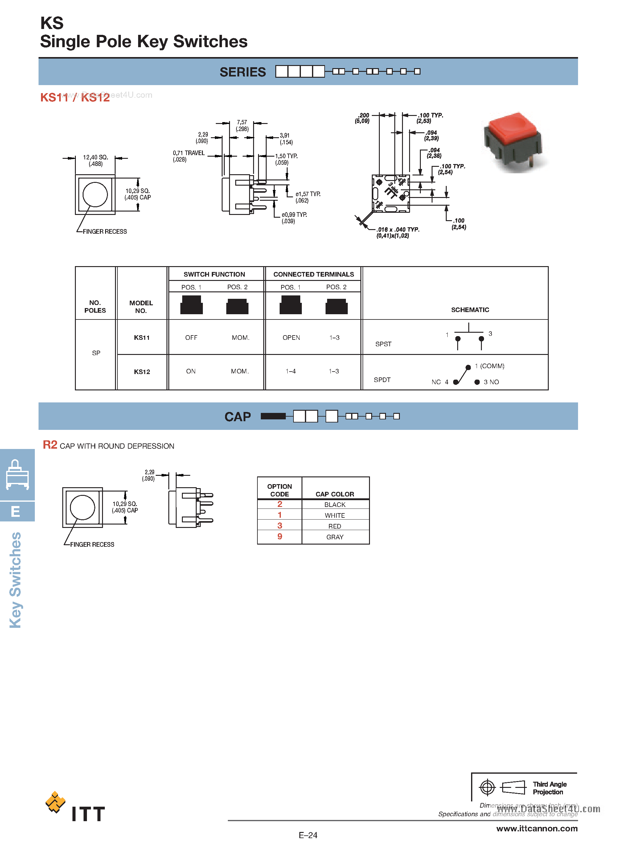 Datasheet KS11R21Cxx - Single Pole Key Switches page 2