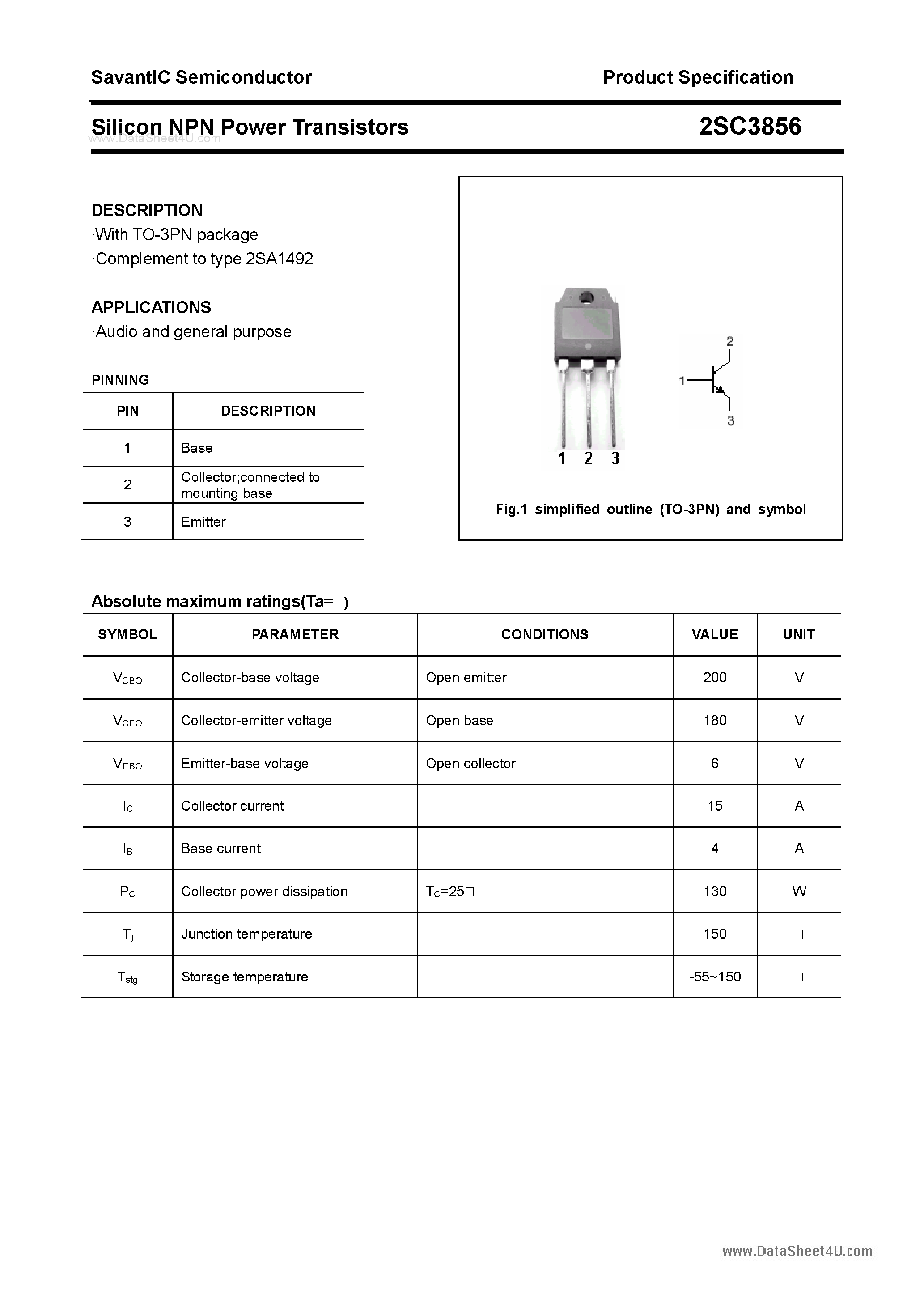Datasheet 2SC3856 - SILICON POWER TRANSISTOR page 1