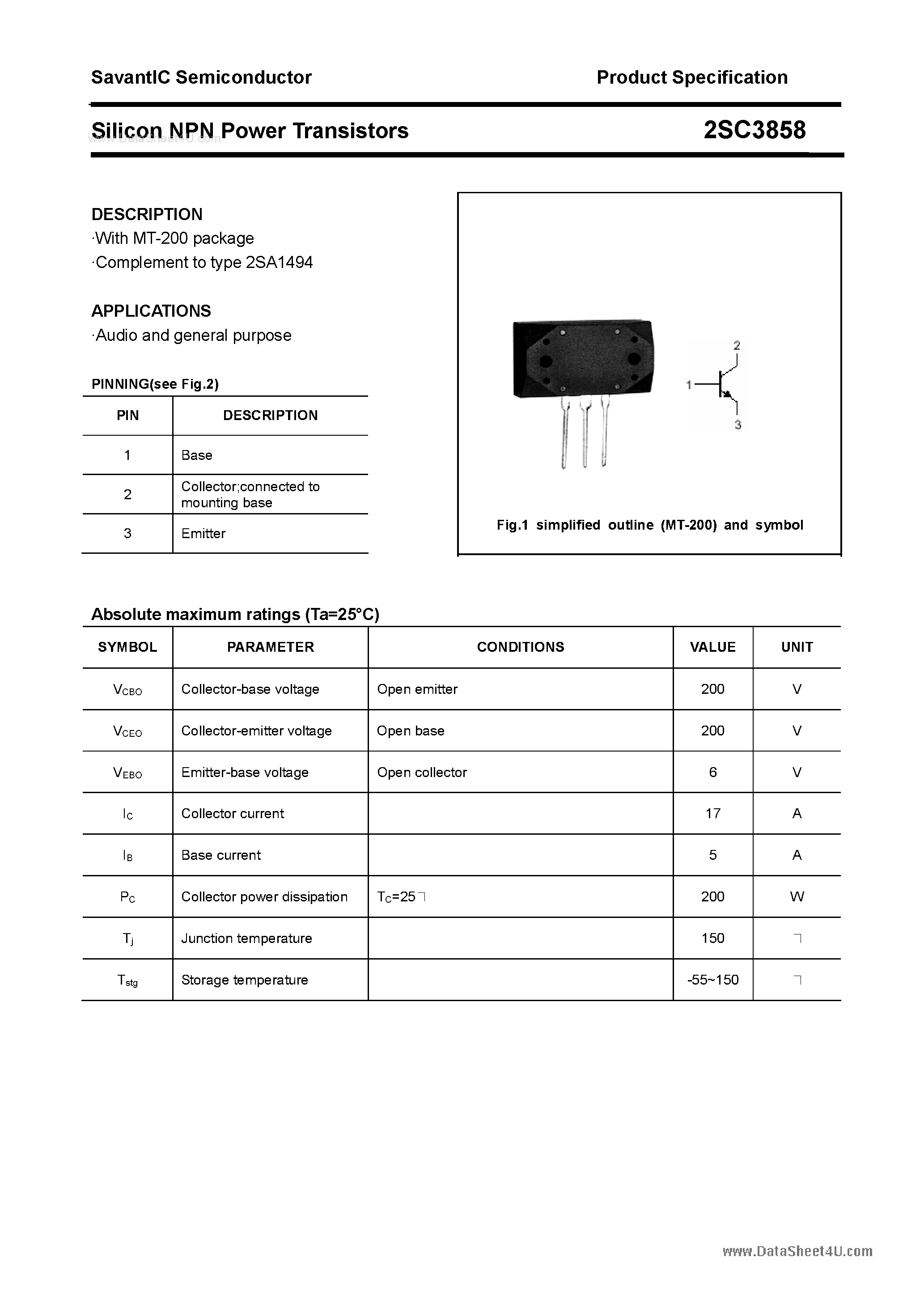 Datasheet 2SC3858 - SILICON POWER TRANSISTOR page 1
