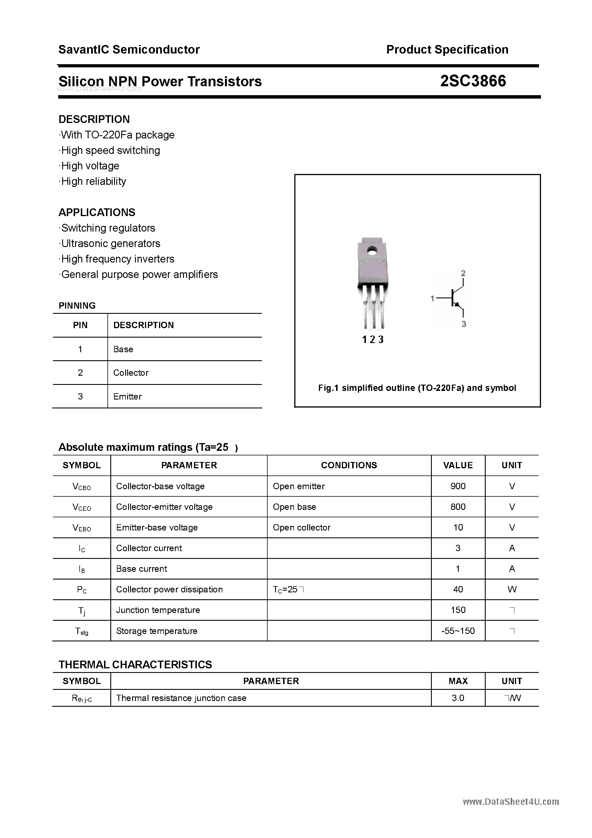 Datasheet 2SC3866 - SILICON POWER TRANSISTOR page 1