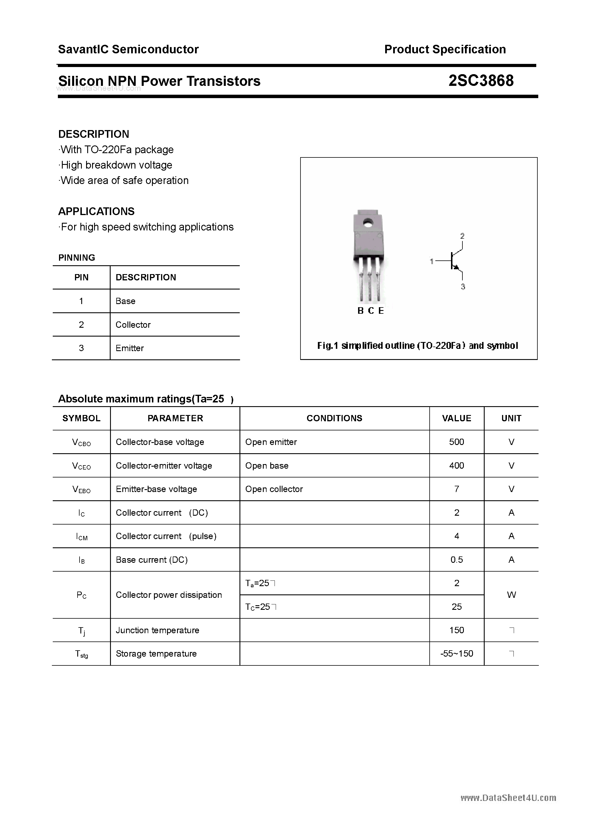 Datasheet 2SC3868 - SILICON POWER TRANSISTOR page 1