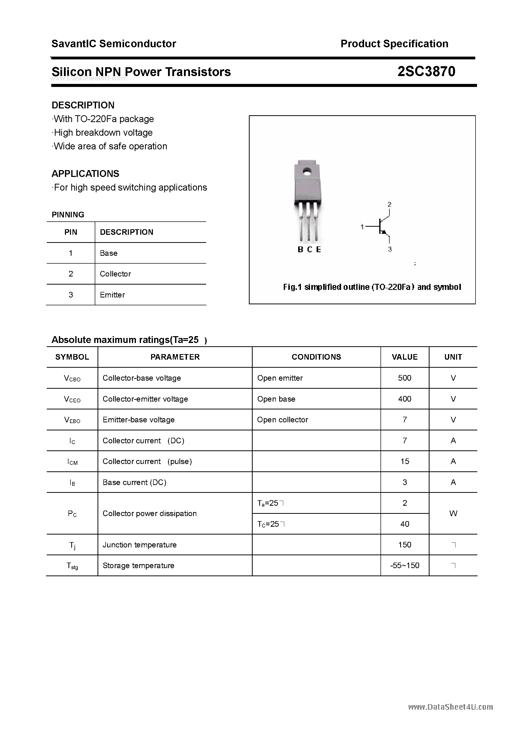 Datasheet 2SC3870 - SILICON POWER TRANSISTOR page 1