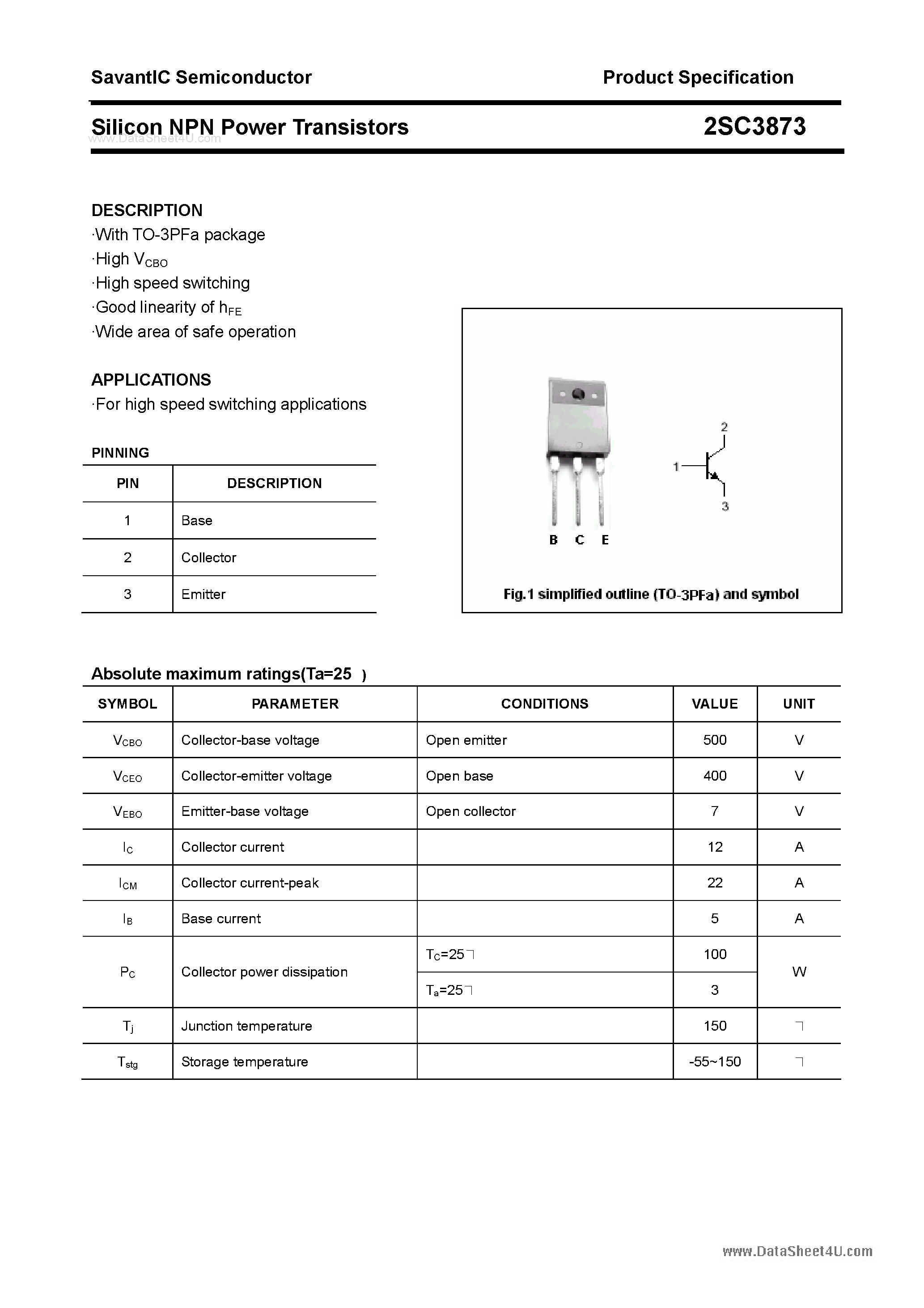 Datasheet 2SC3873 - SILICON POWER TRANSISTOR page 1