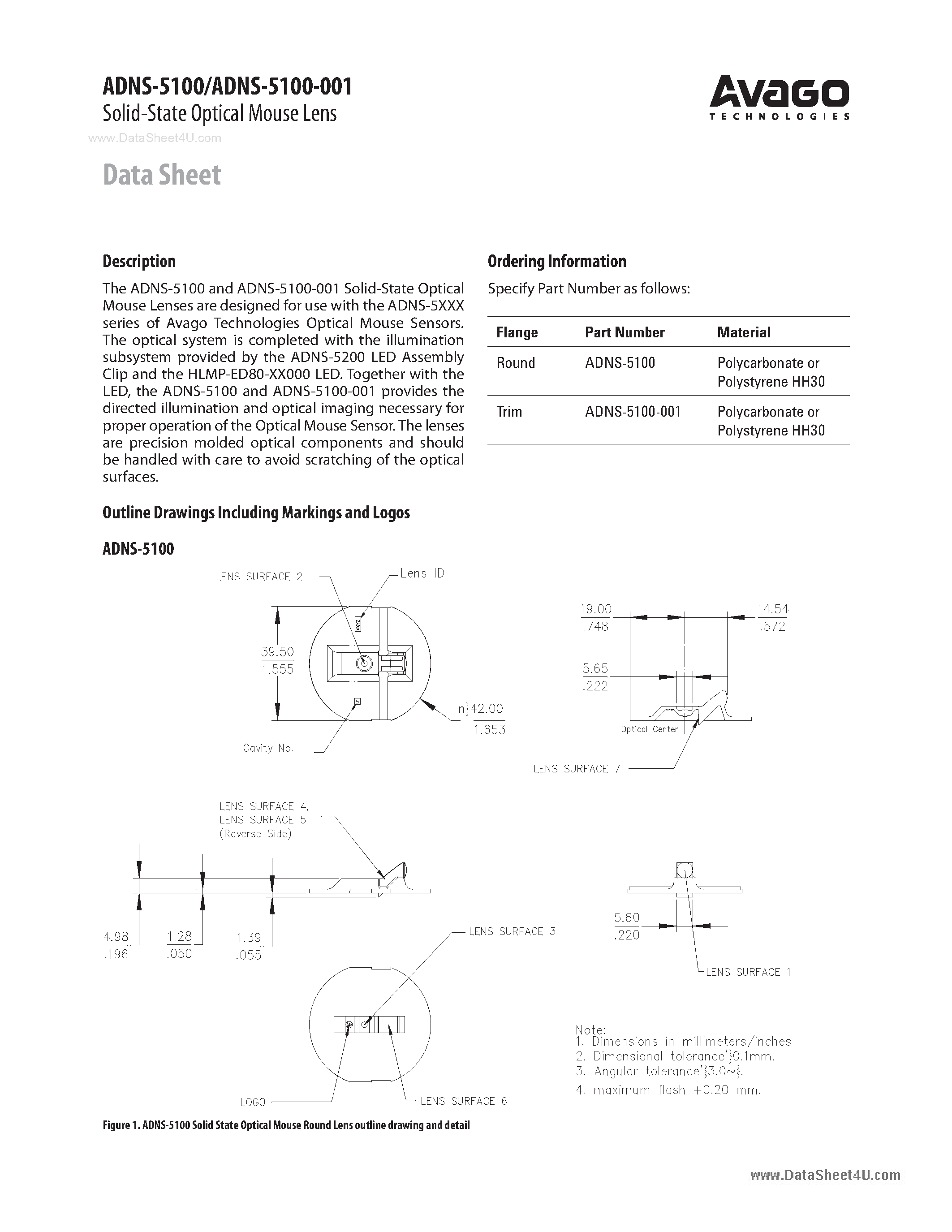 Datasheet ADNS-5100 page 1 Datasheet ADNS-5100 - Solid-State Optical Mouse Lens page 1