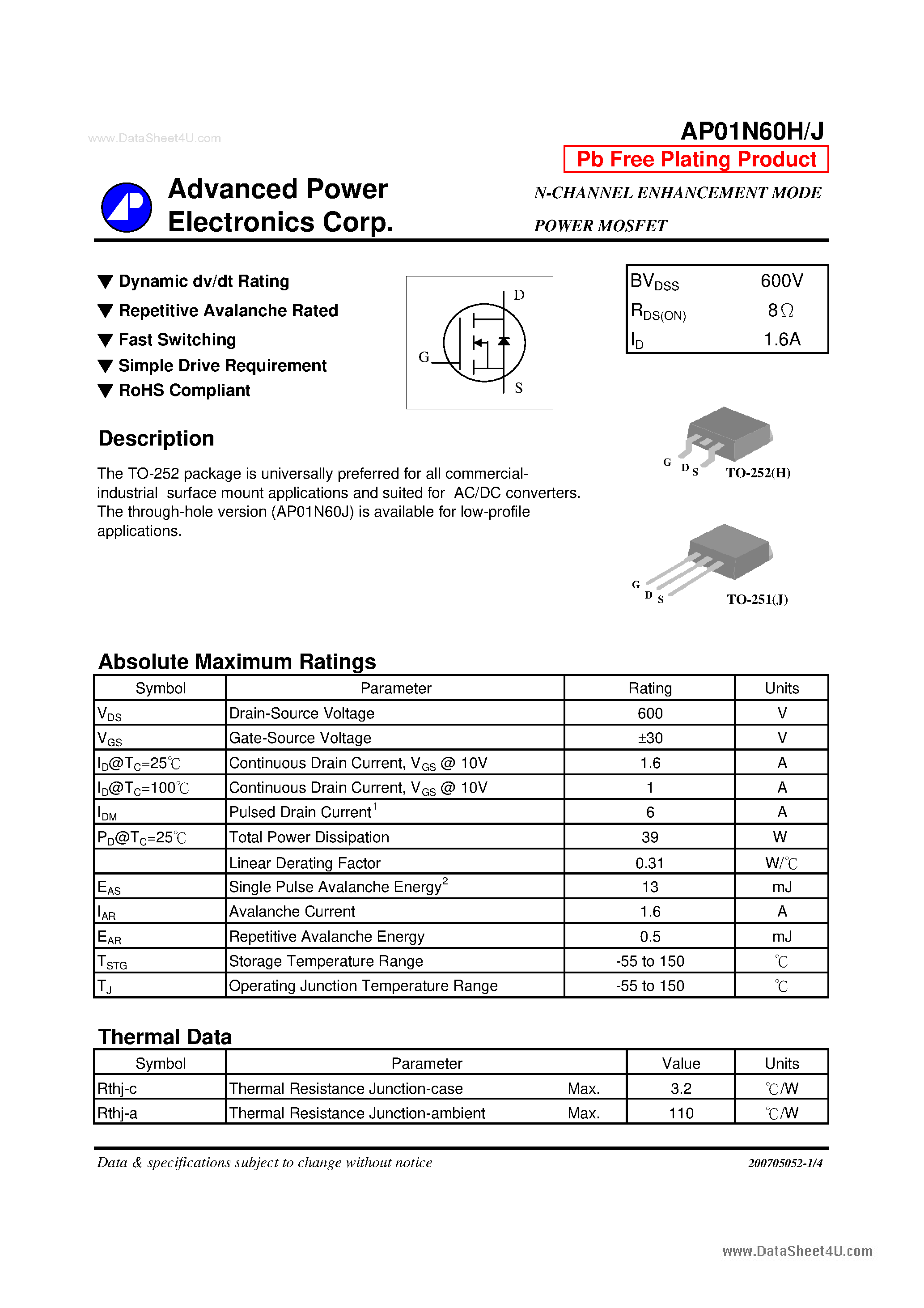 Datasheet AP01N60H - N-CHANNEL ENHANCEMENT MODE POWER MOSFET page 1