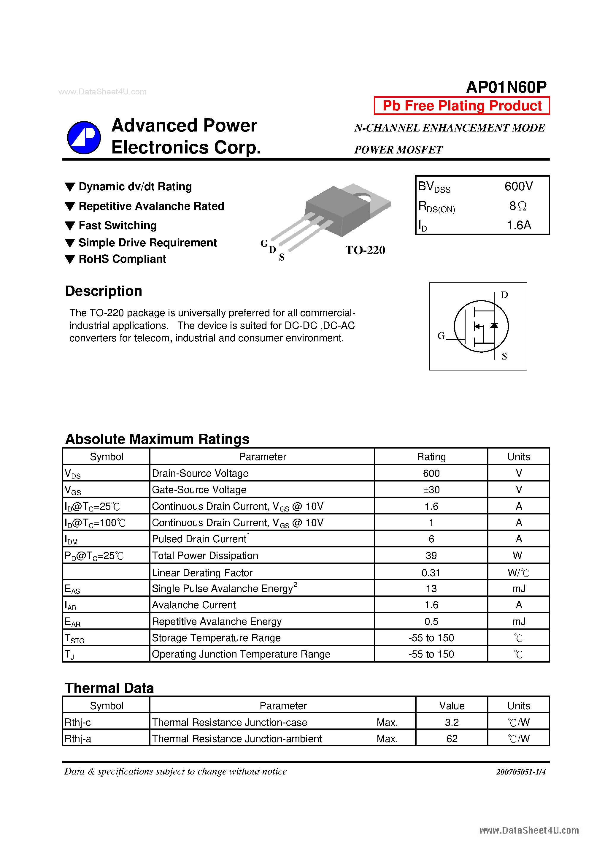 Datasheet AP01N60P - N-CHANNEL ENHANCEMENT MODE POWER MOSFET page 1