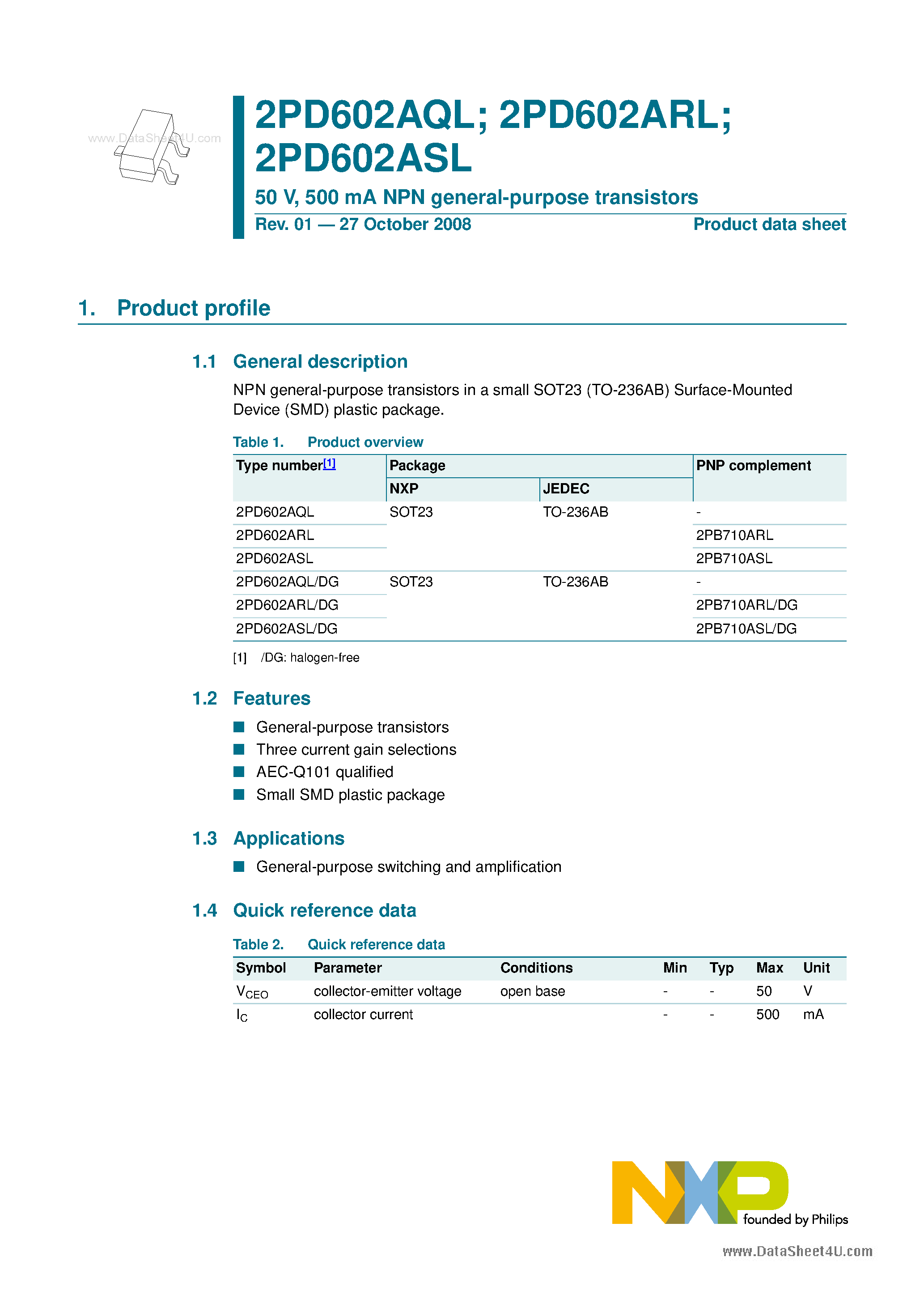 Даташит 2PD602AQL - 500 mA NPN general-purpose transistors страница 1