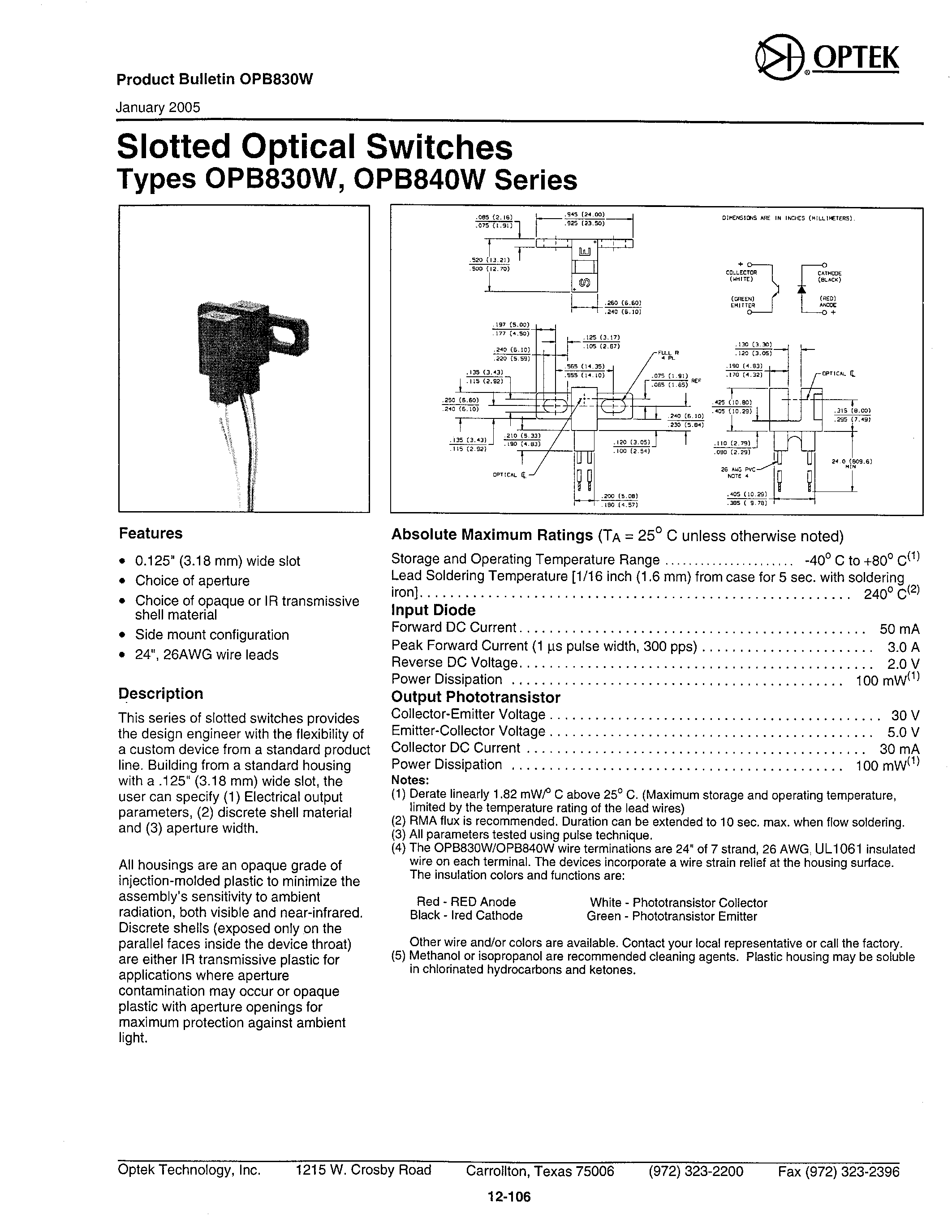 Даташит OPB830W - (OPB830W / OPB840W) Slotted Optical Switches страница 1