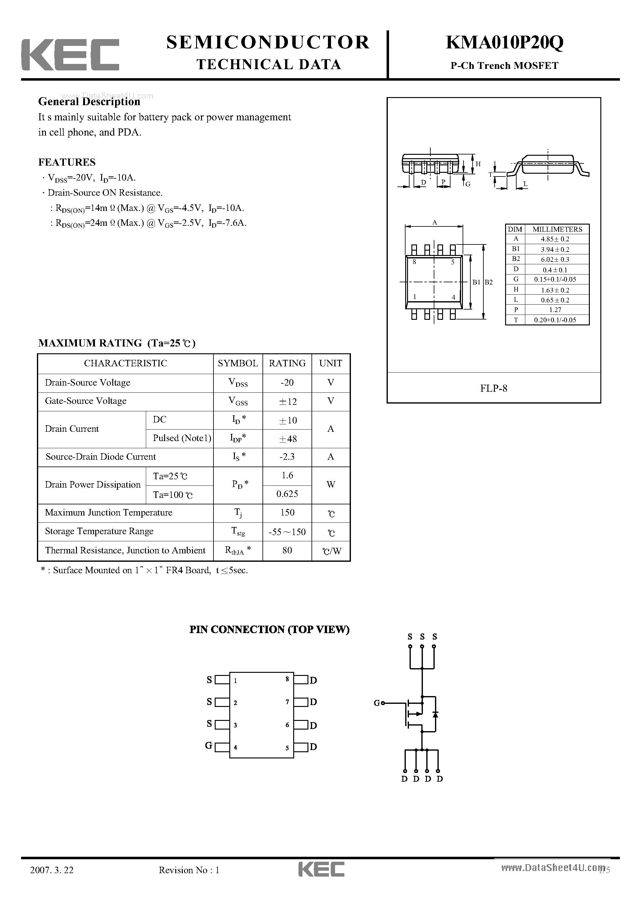 Datasheet KMA010P20Q - P-Ch Trench MOSFET page 1
