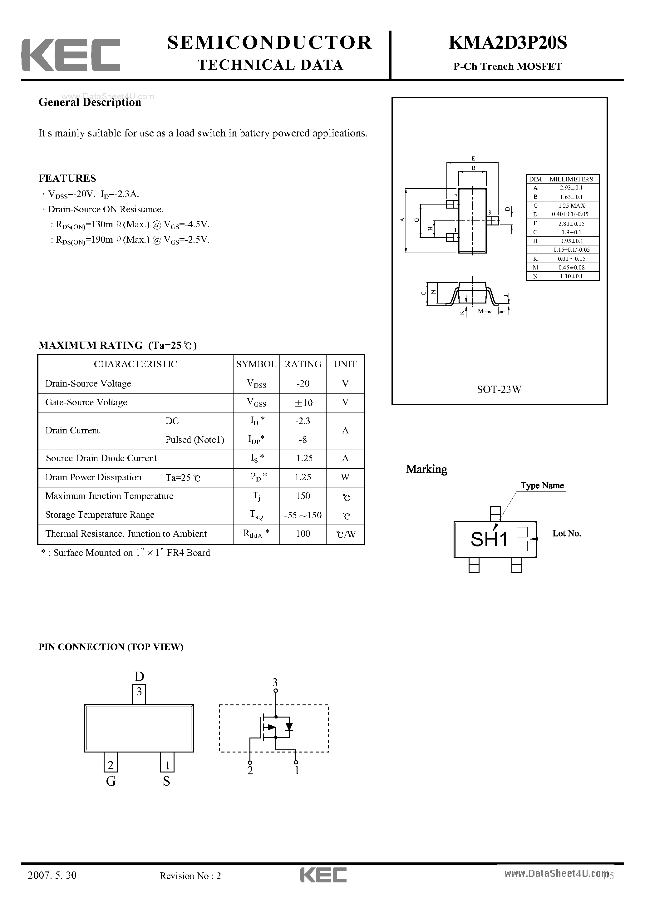 Datasheet KMA2D3P20S - P-Ch Trench MOSFET page 1