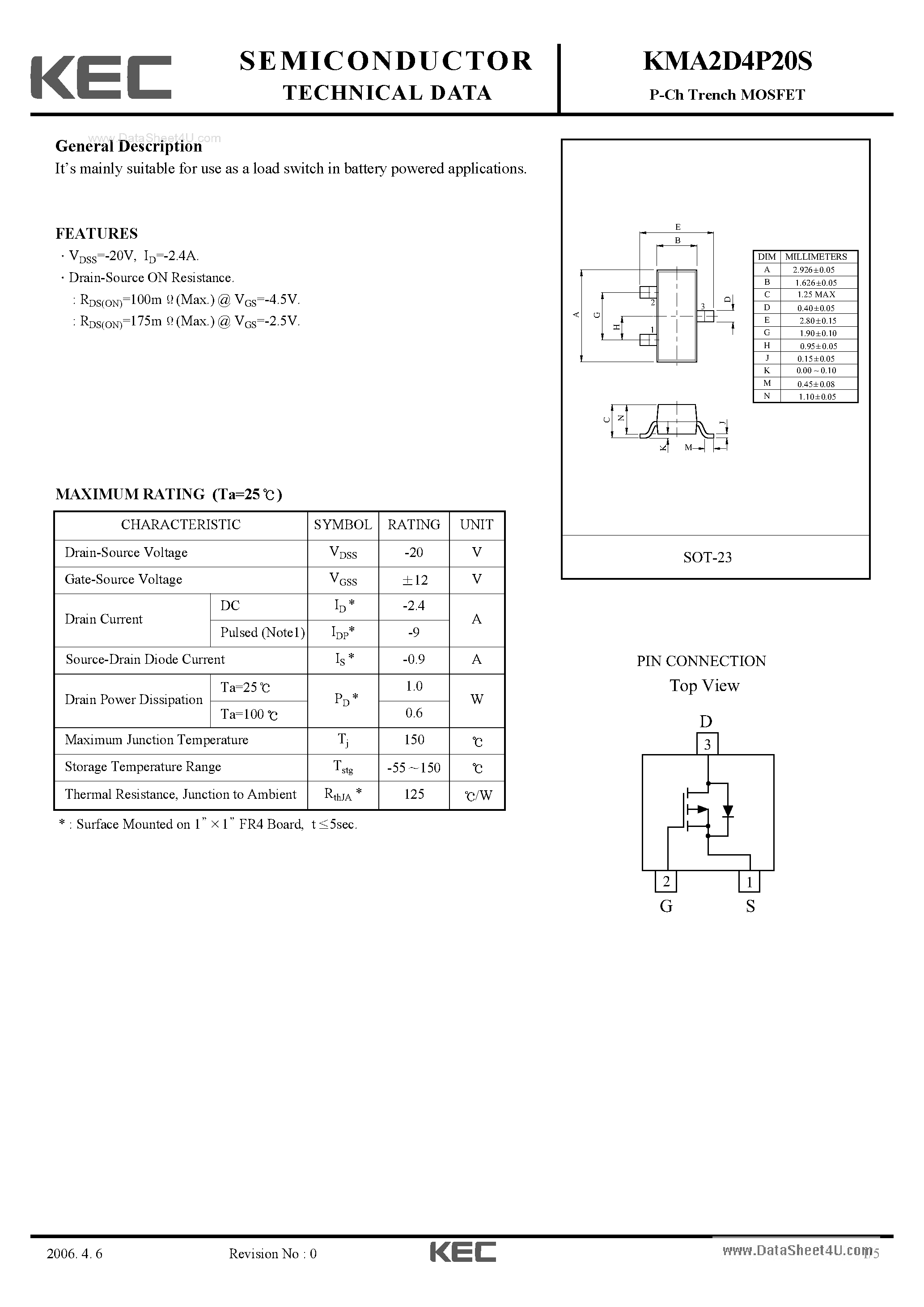 Datasheet KMA2D4P20S - P-Ch Trench MOSFET page 1