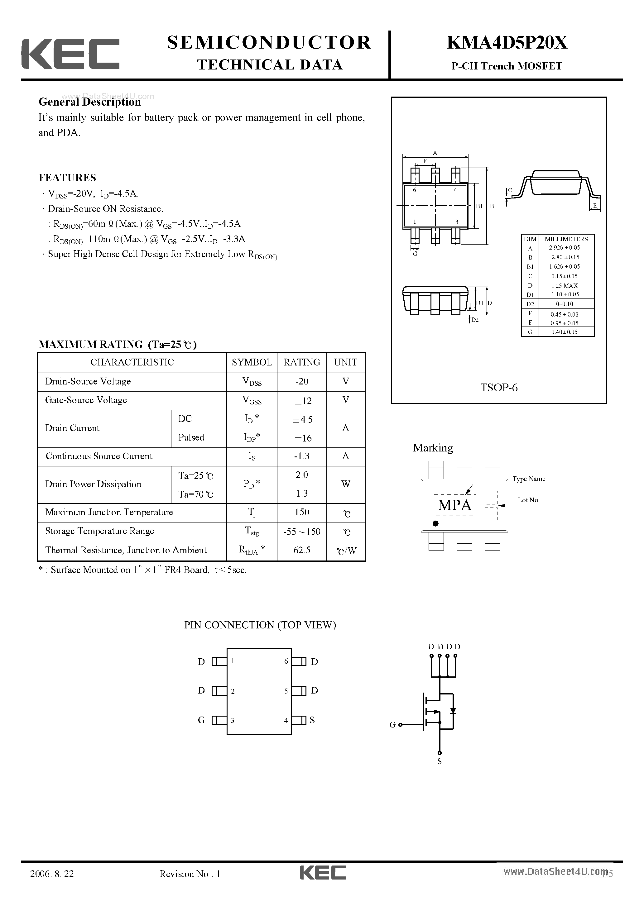 Datasheet KMA4D5P20X - P-Ch Trench MOSFET page 1