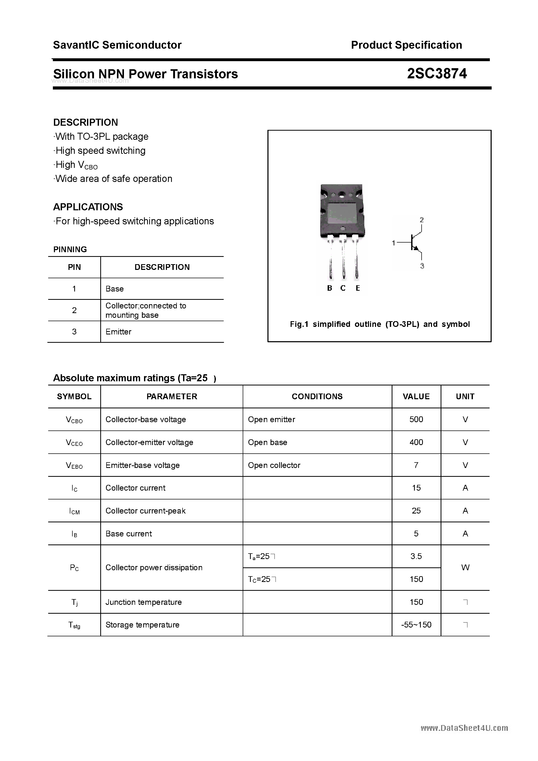Datasheet 2SC3874 - SILICON POWER TRANSISTOR page 1