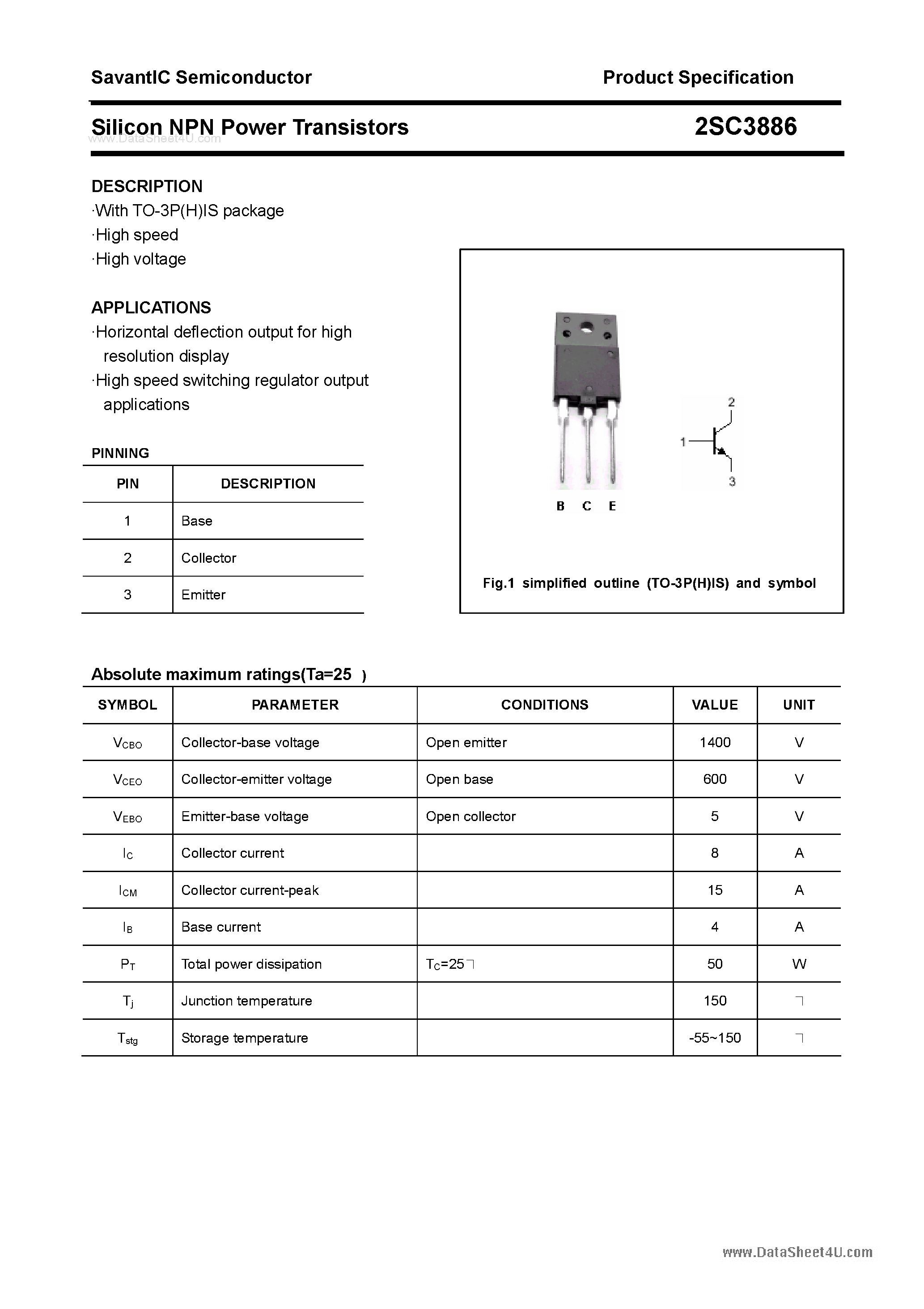 Datasheet 2SC3886 - SILICON POWER TRANSISTOR page 1