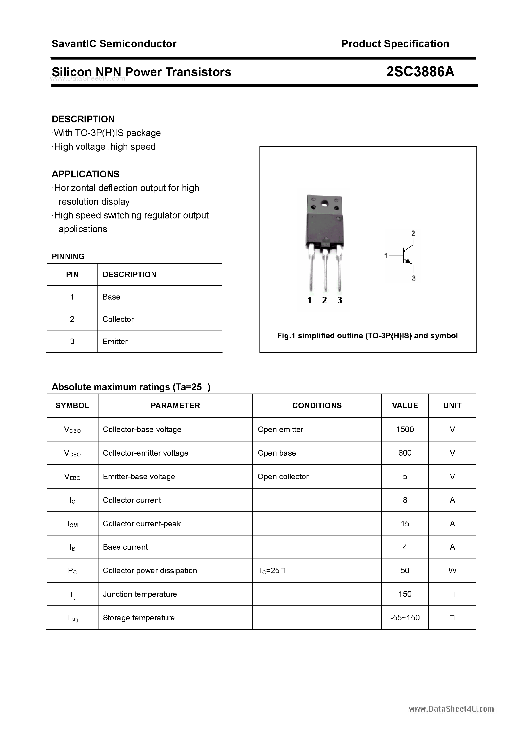 Datasheet 2SC3886A - SILICON POWER TRANSISTOR page 1