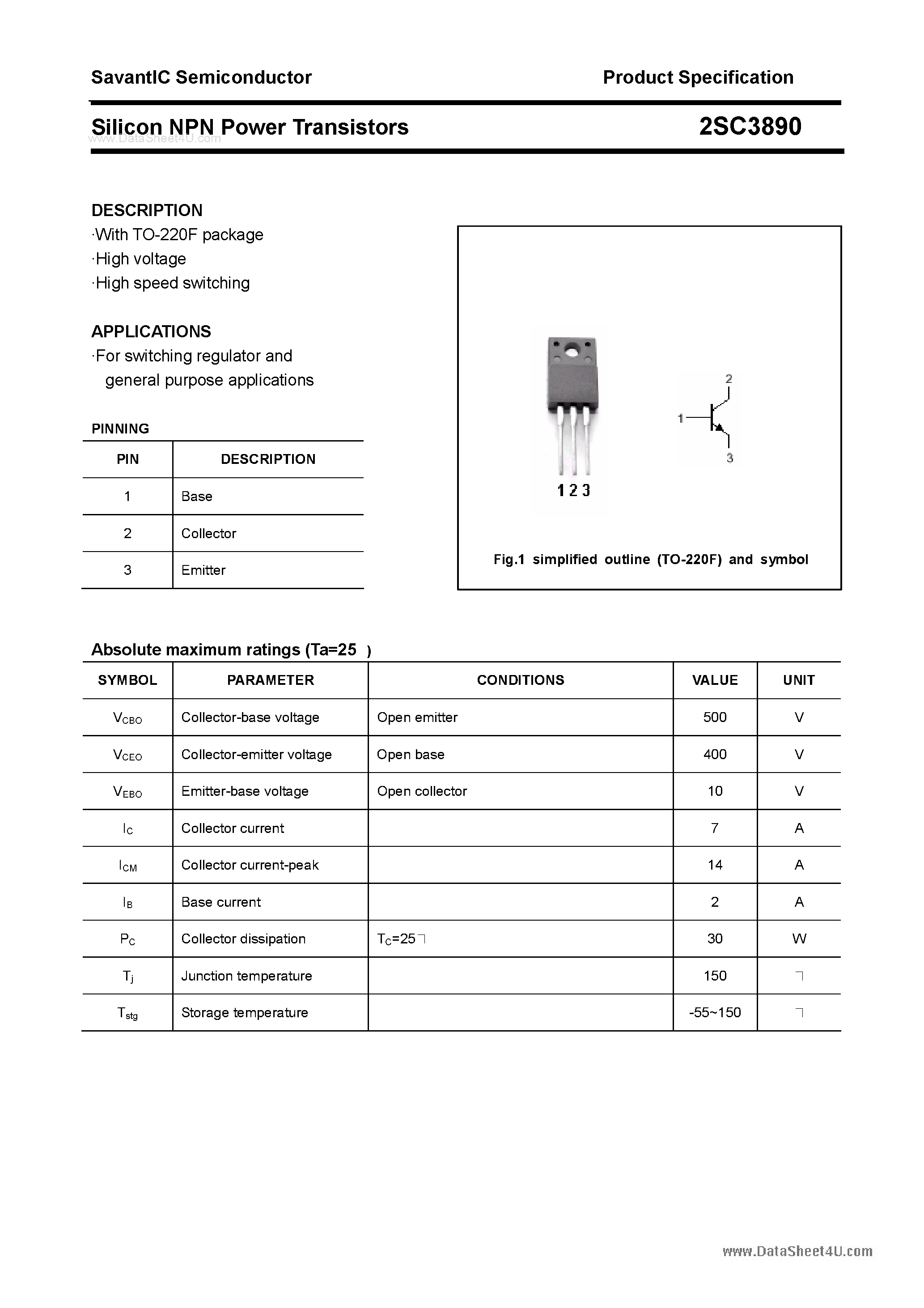 Datasheet 2SC3890 - SILICON POWER TRANSISTOR page 1