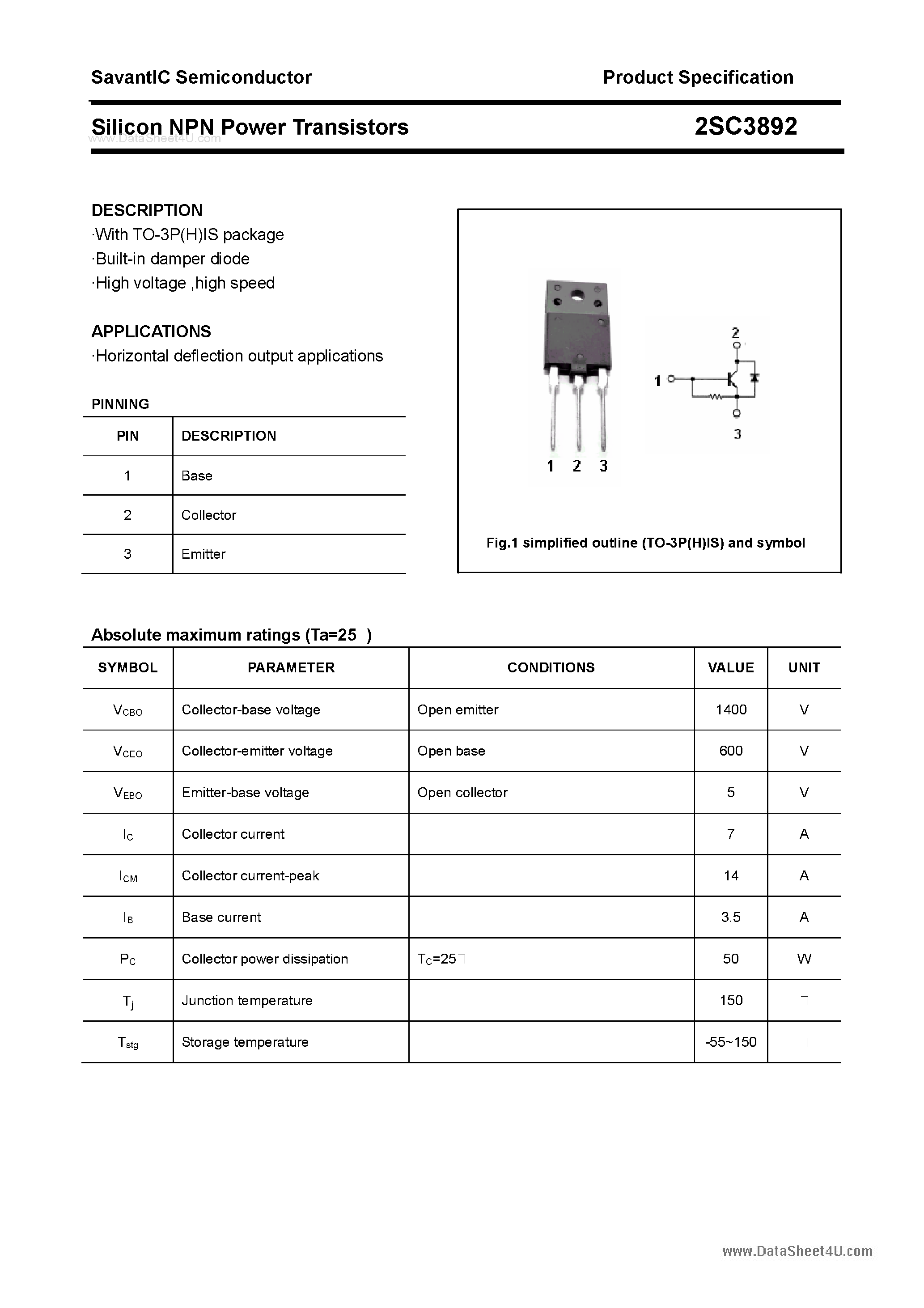 Даташит на микросхему 2SC3892 страница 1 Даташит 2SC3892 - SILICON POWER TRANSISTOR страница 1