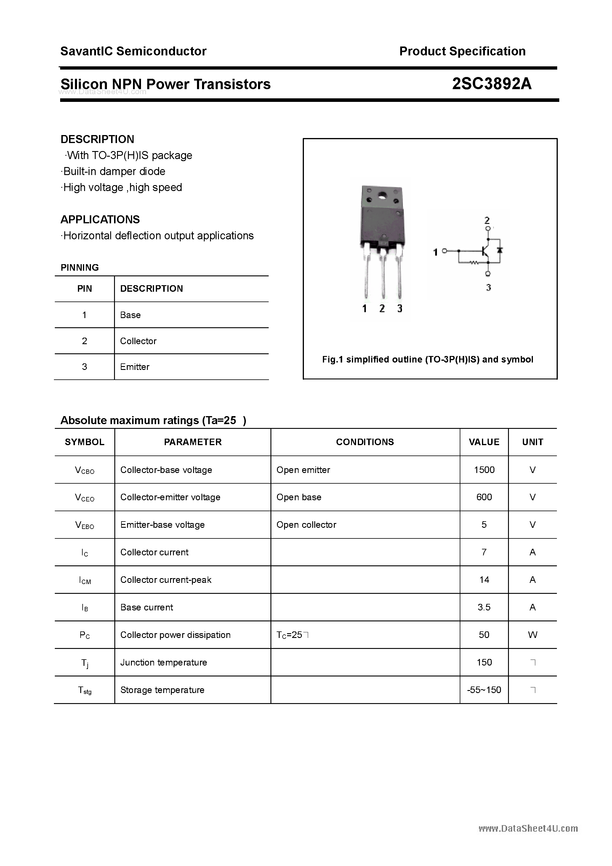 Datasheet 2SC3892A - SILICON POWER TRANSISTOR page 1