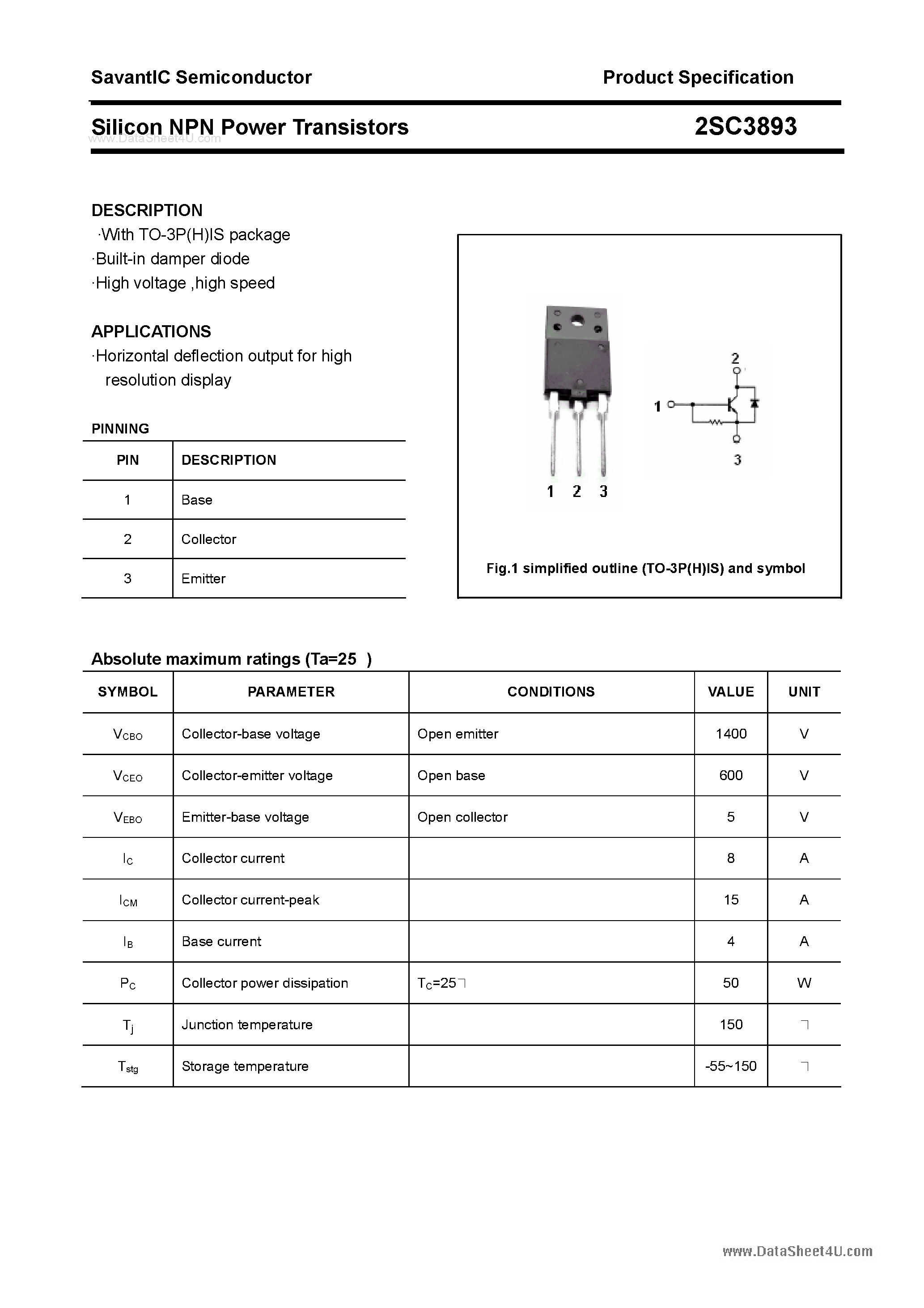 Datasheet 2SC3893 - SILICON POWER TRANSISTOR page 1