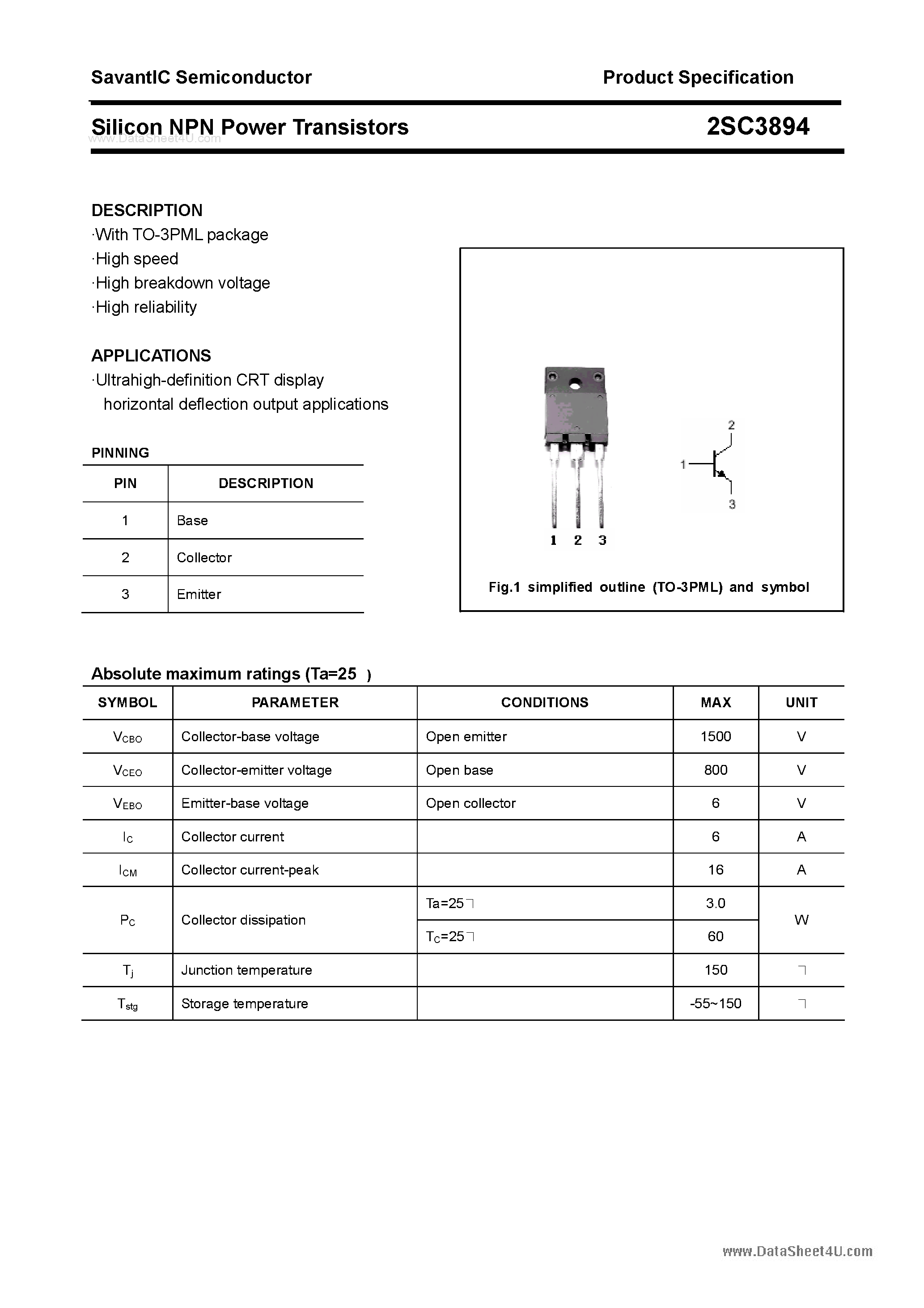 Datasheet 2SC3894 page 1 Datasheet 2SC3894 - SILICON POWER TRANSISTOR page 1