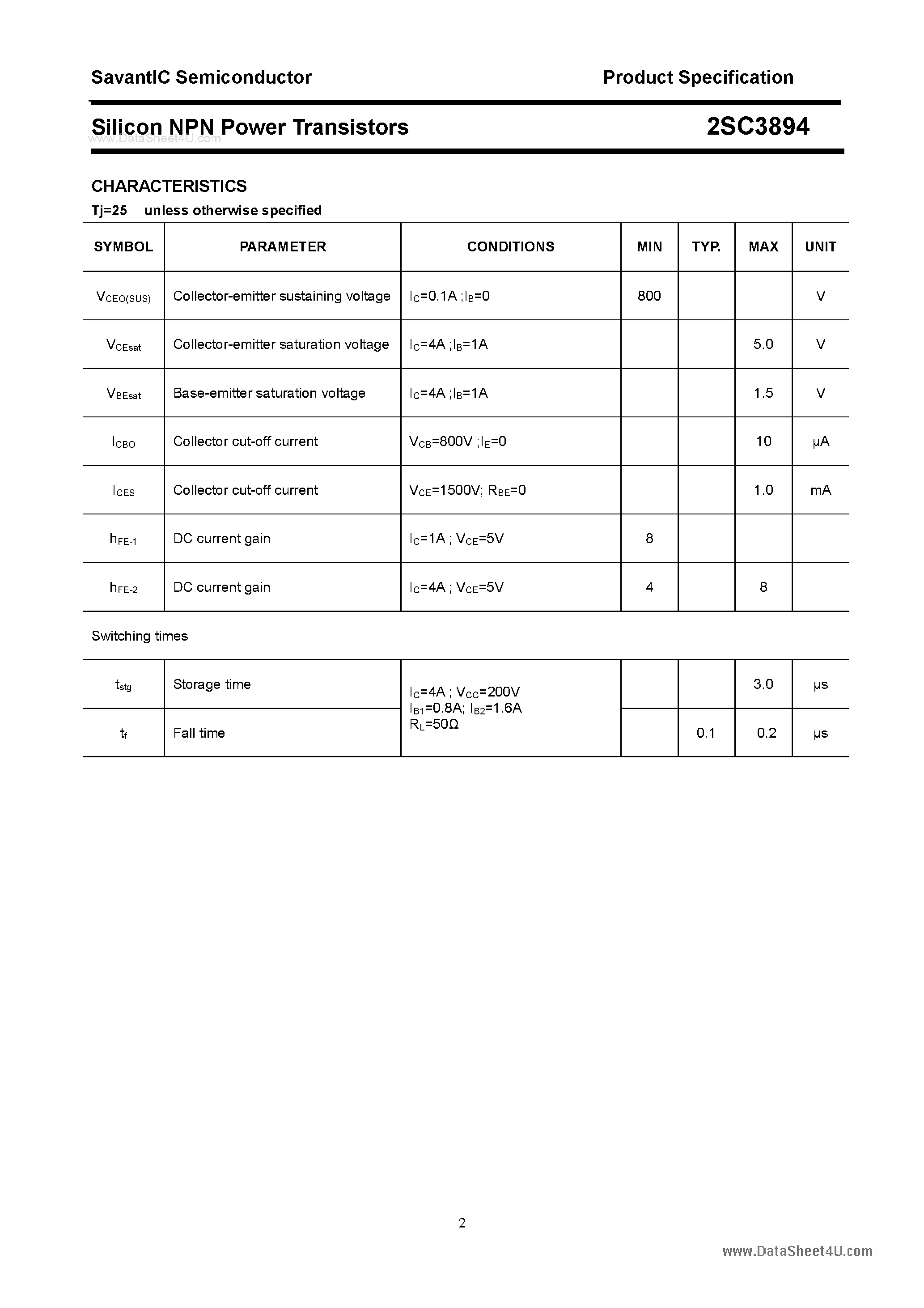 Datasheet 2SC3894 page 2 Datasheet 2SC3894 - SILICON POWER TRANSISTOR page 2