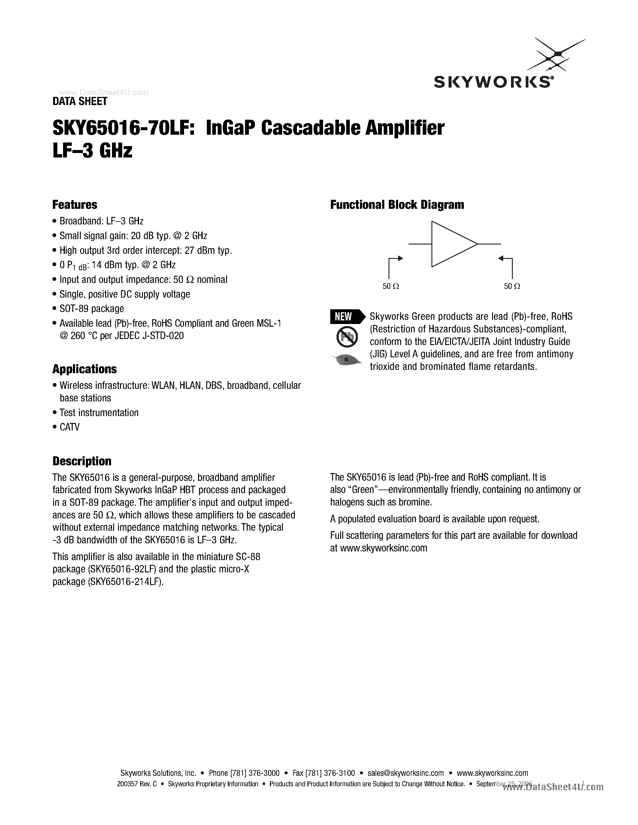 Datasheet SKY65016-70LF - InGaP Cascadable Amplifier LF-3 GHz page 1