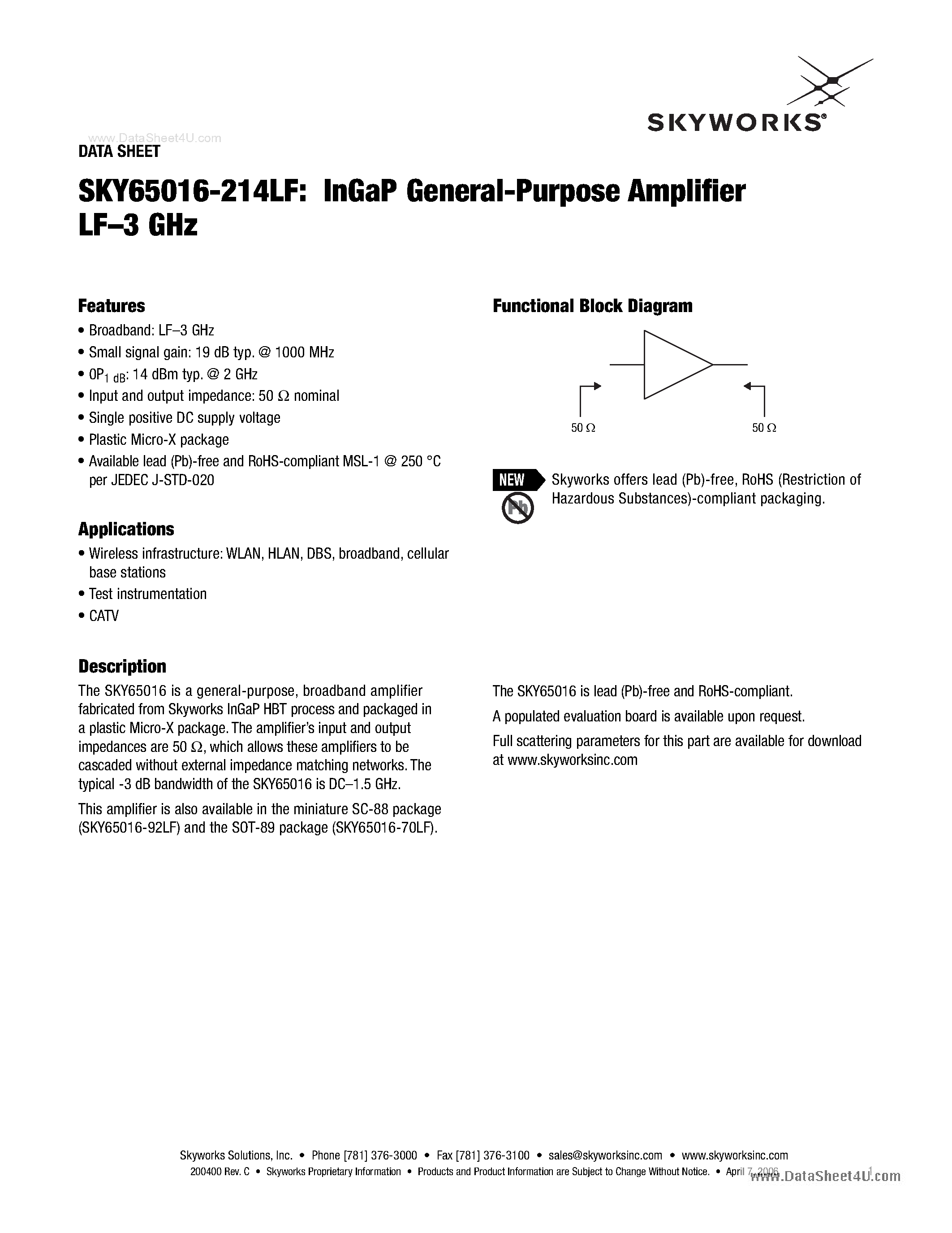 Datasheet SKY65016-214LF page 1 Datasheet SKY65016-214LF - InGaP General-Purpose Amplifier LF-3 GHz page 1