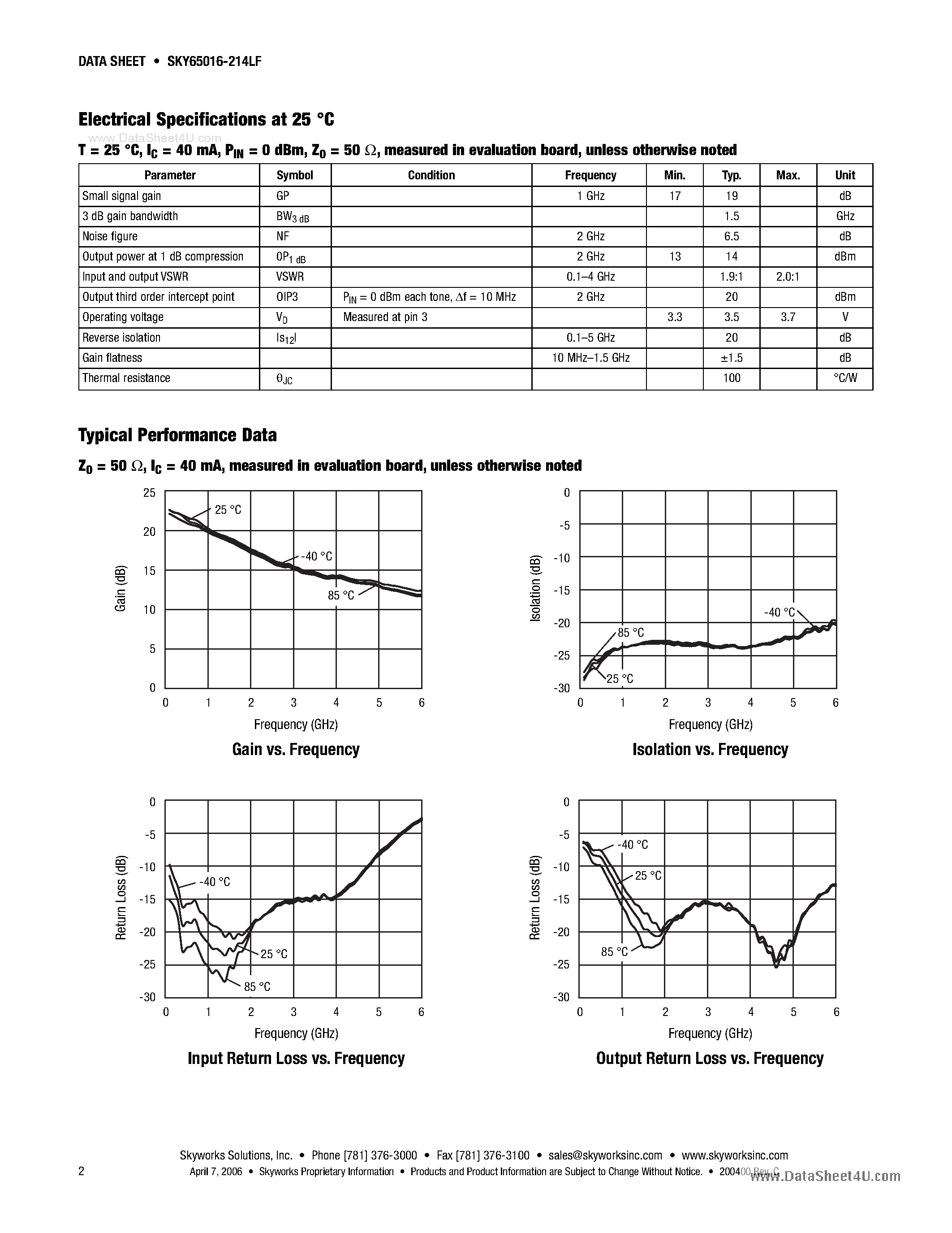 Datasheet SKY65016-214LF page 2 Datasheet SKY65016-214LF - InGaP General-Purpose Amplifier LF-3 GHz page 2