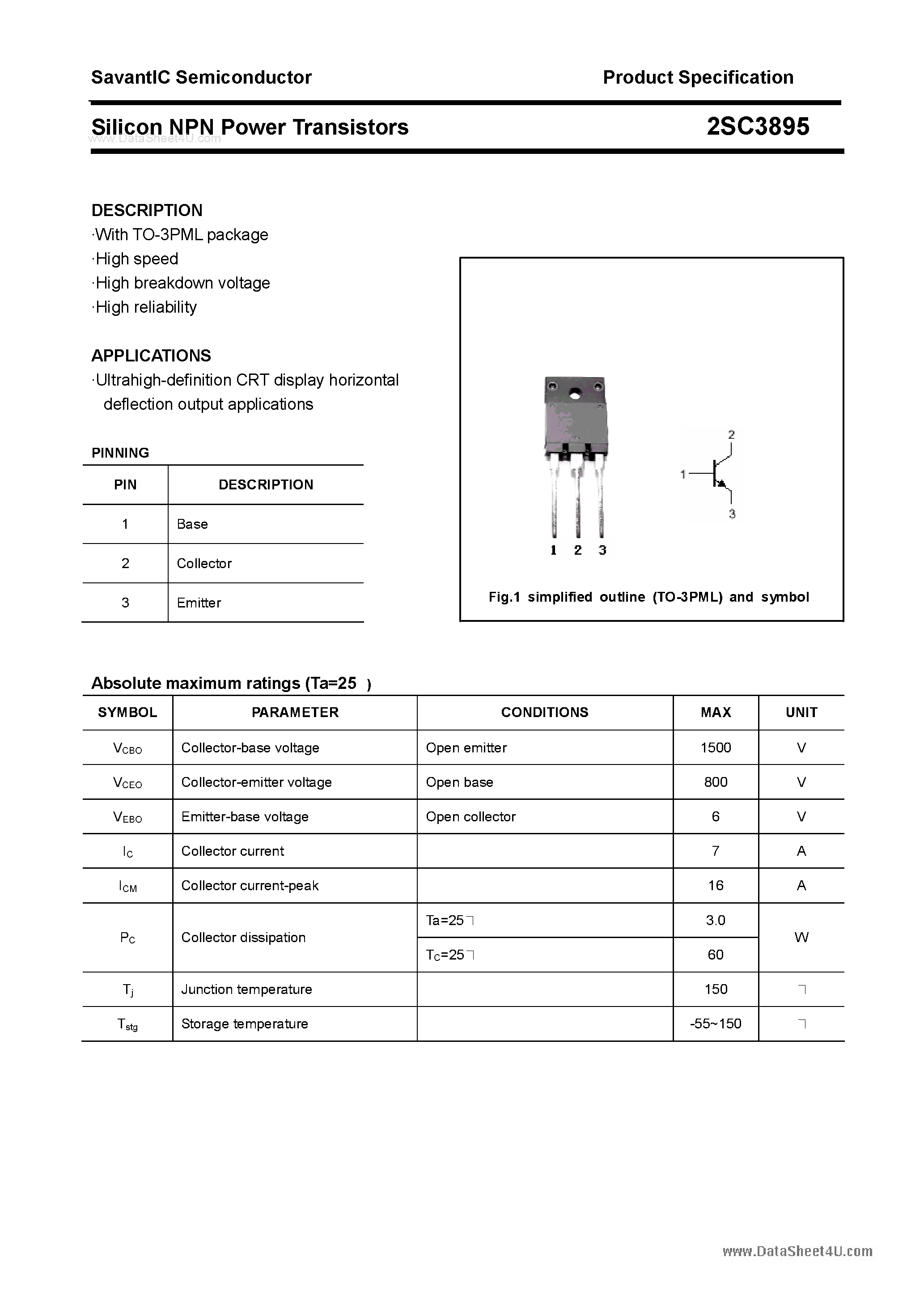 Datasheet 2SC3895 - SILICON POWER TRANSISTOR page 1