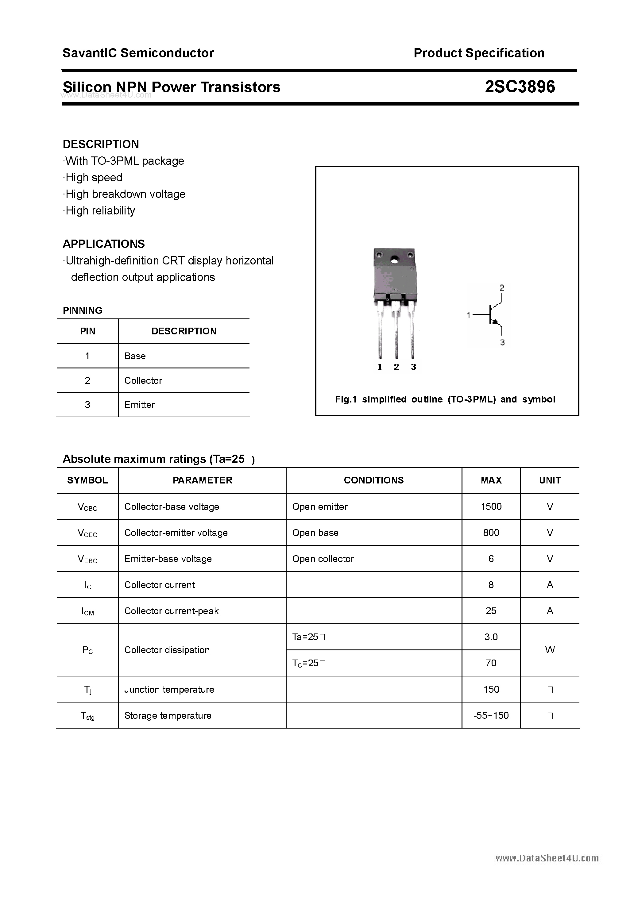 Даташит на микросхему 2SC3896 страница 1 Даташит 2SC3896 - SILICON POWER TRANSISTOR страница 1