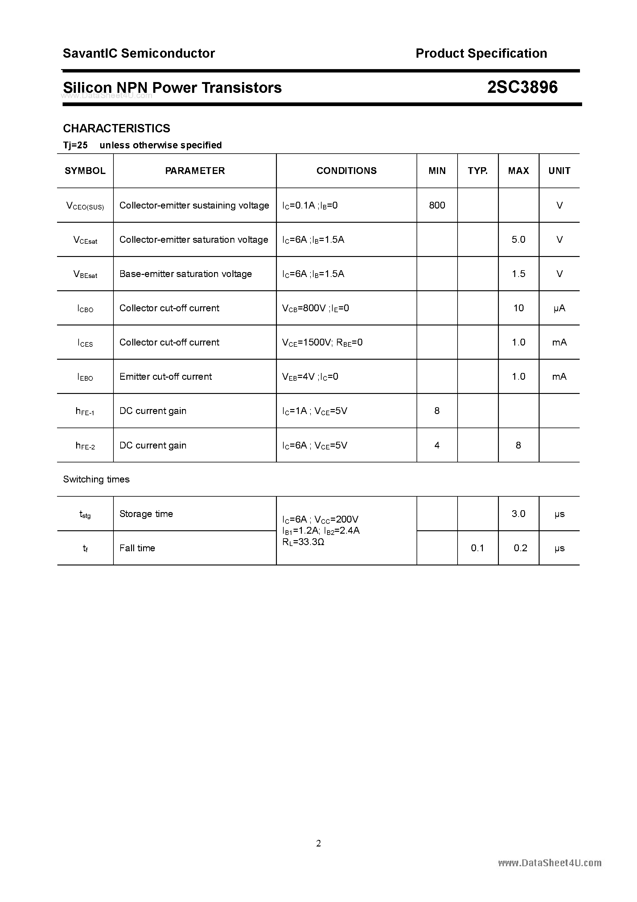 Даташит на микросхему 2SC3896 страница 2 Даташит 2SC3896 - SILICON POWER TRANSISTOR страница 2