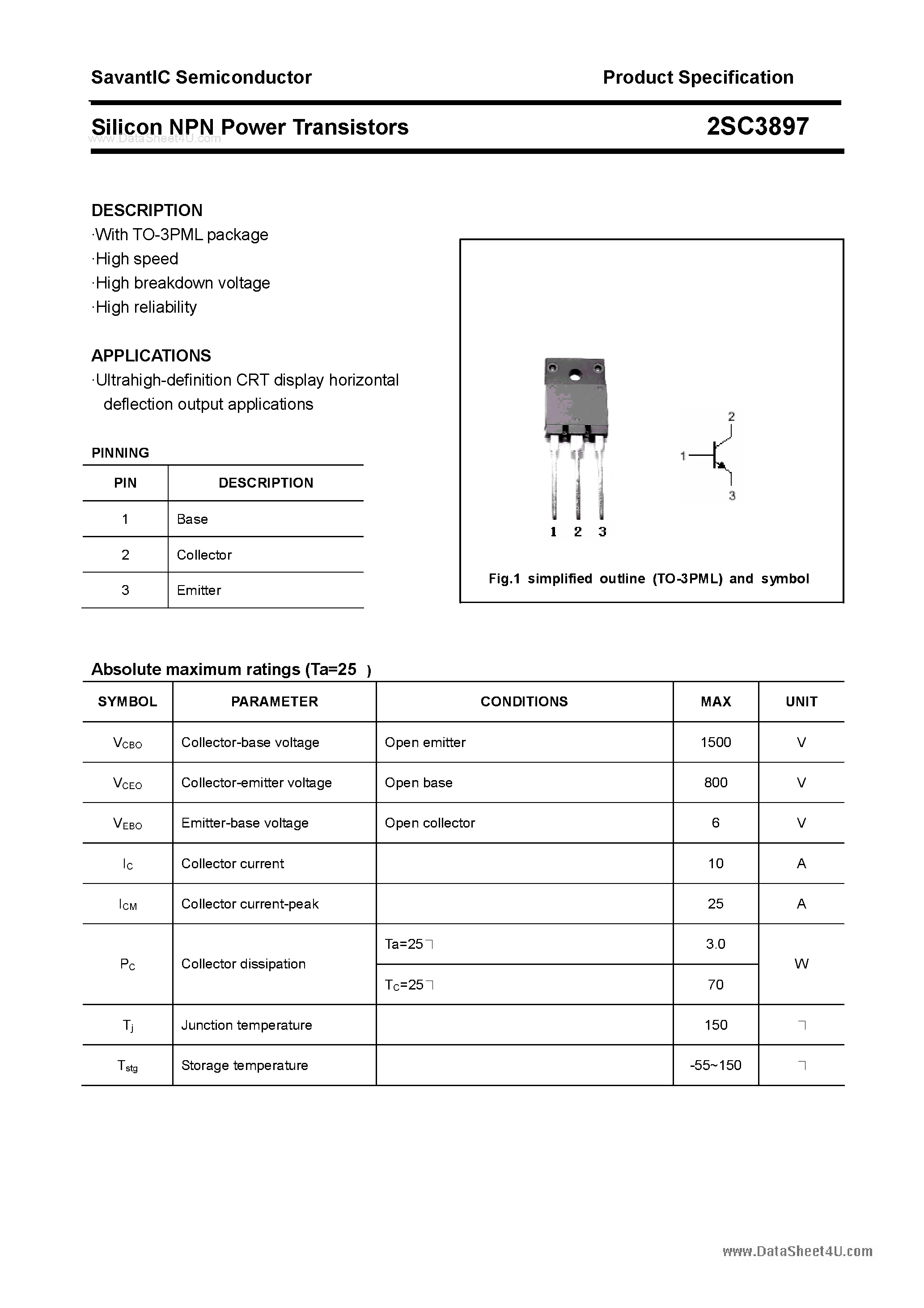 Даташит 2SC3897 - SILICON POWER TRANSISTOR страница 1