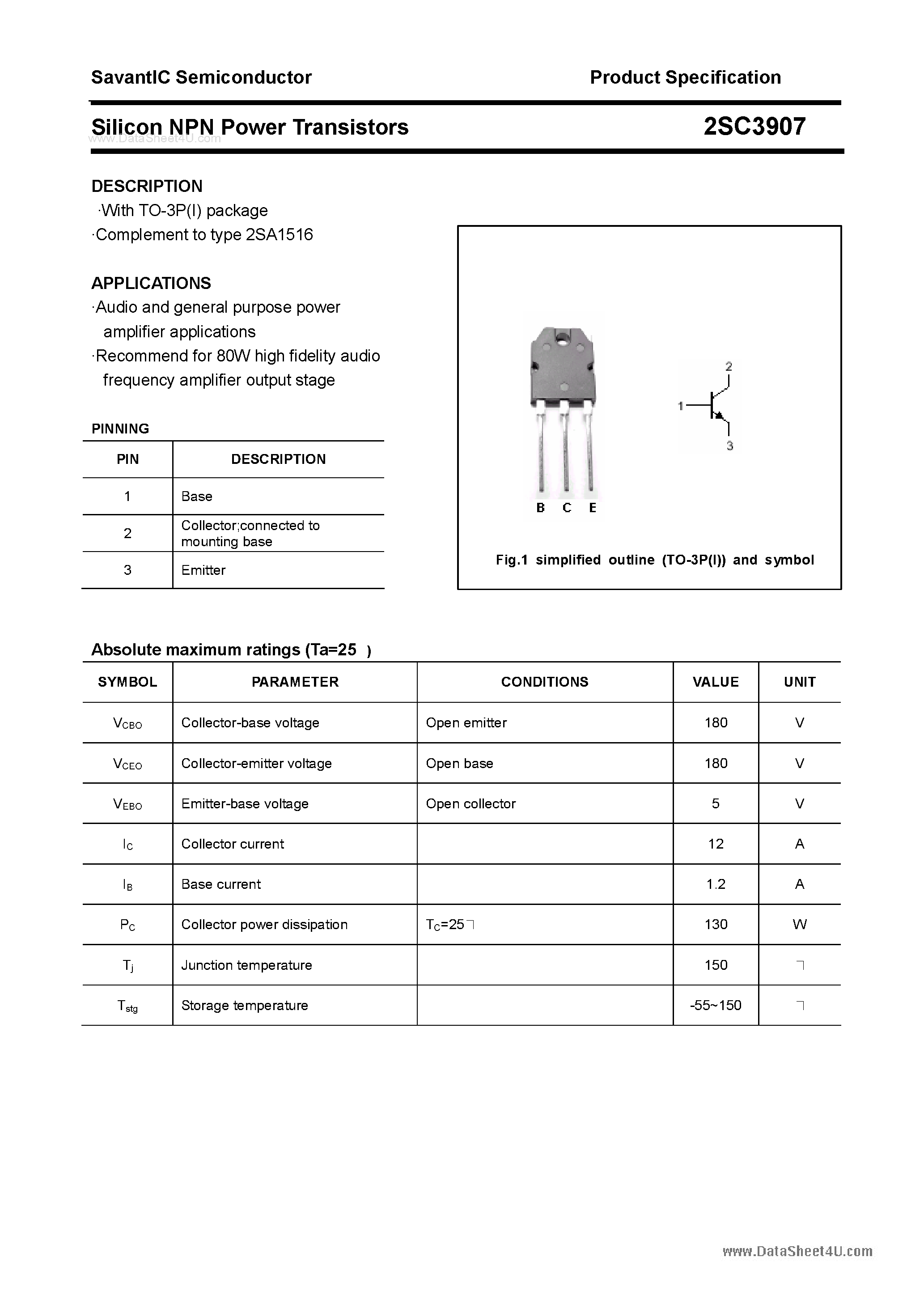 Даташит 2SC3907 - SILICON POWER TRANSISTOR страница 1