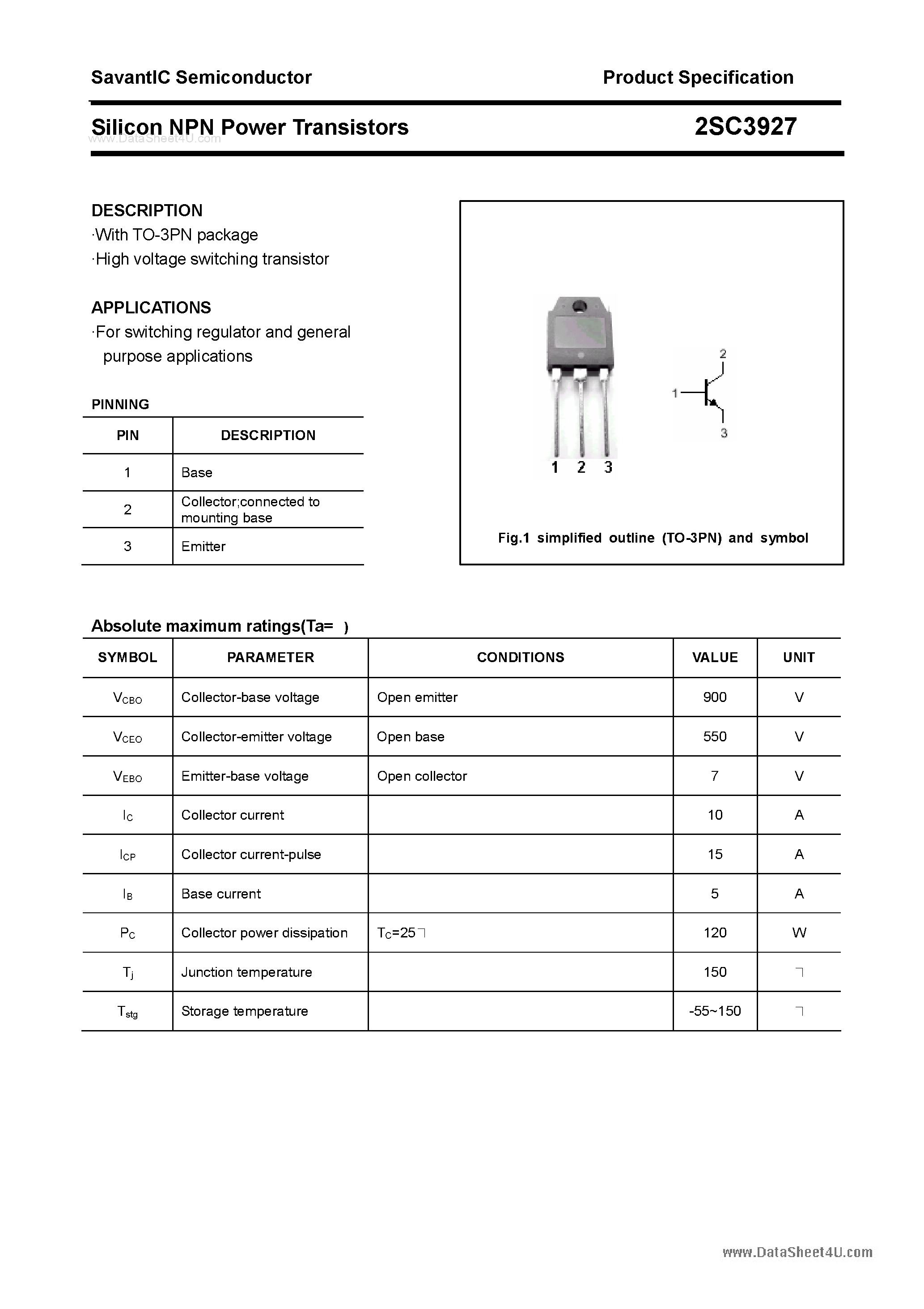 Даташит 2SC3927 - SILICON POWER TRANSISTOR страница 1