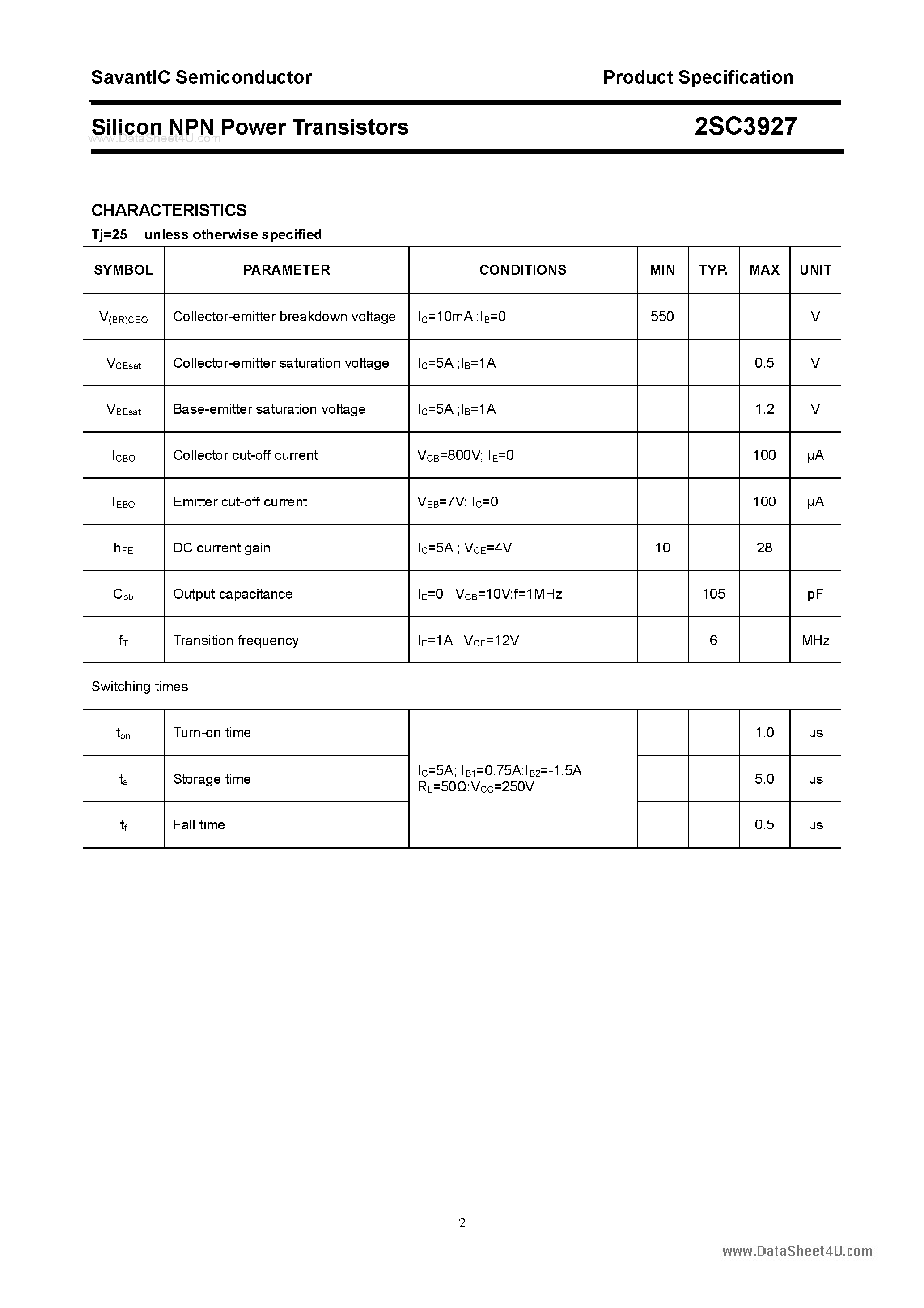 Даташит 2SC3927 - SILICON POWER TRANSISTOR страница 2