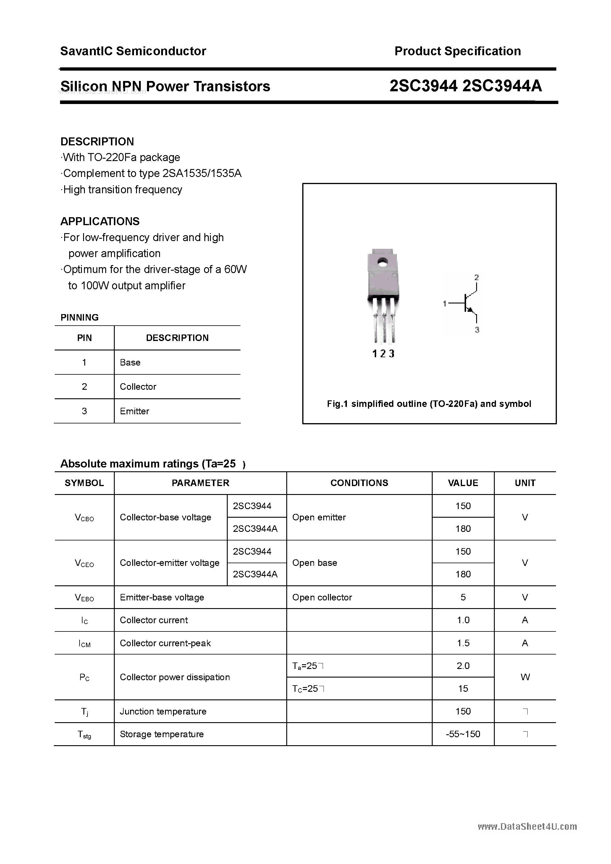 Даташит на микросхему 2SC3944 страница 1 Даташит 2SC3944 - SILICON POWER TRANSISTOR страница 1