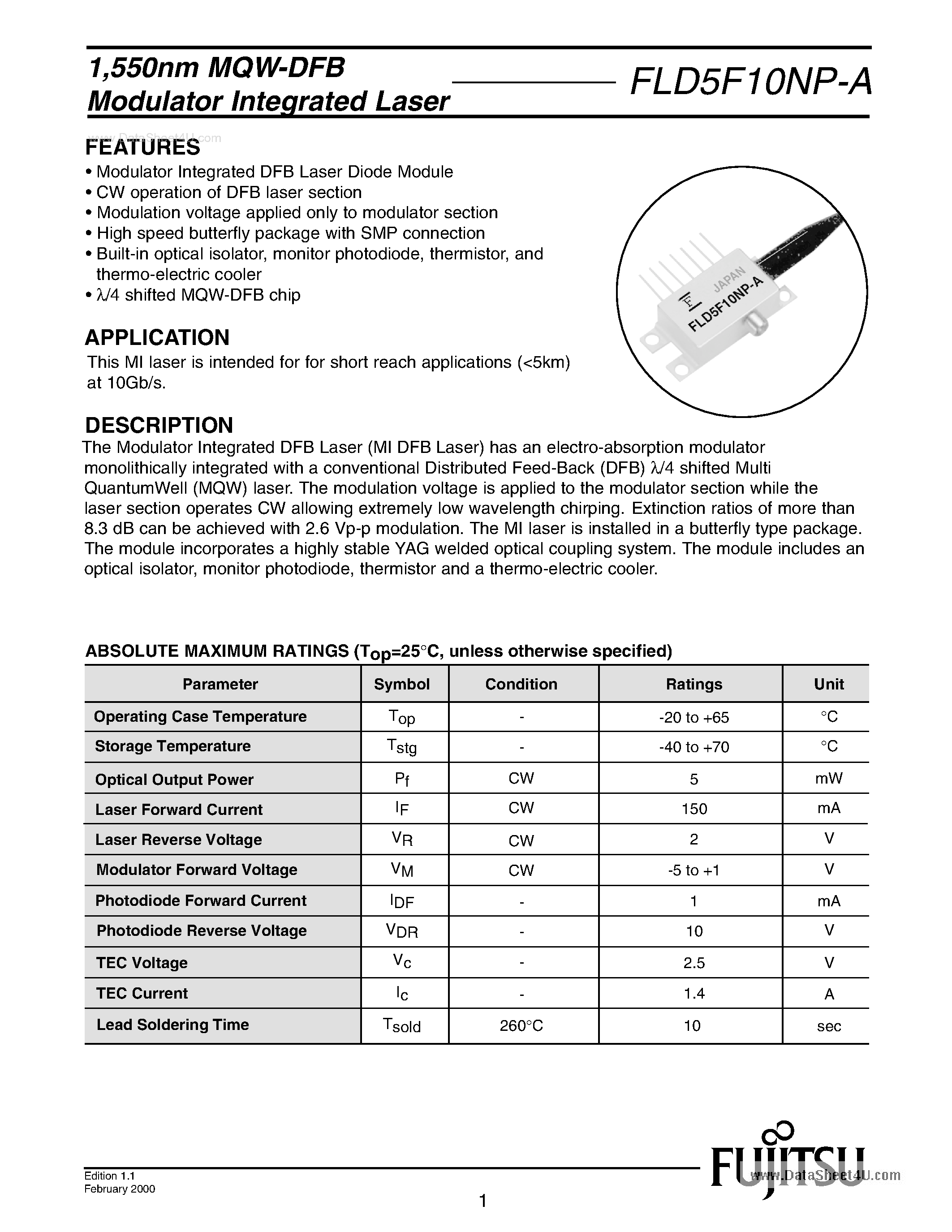 Datasheet FLD5F10NP-A - FIBER OPTIC TRANSMITTER page 1