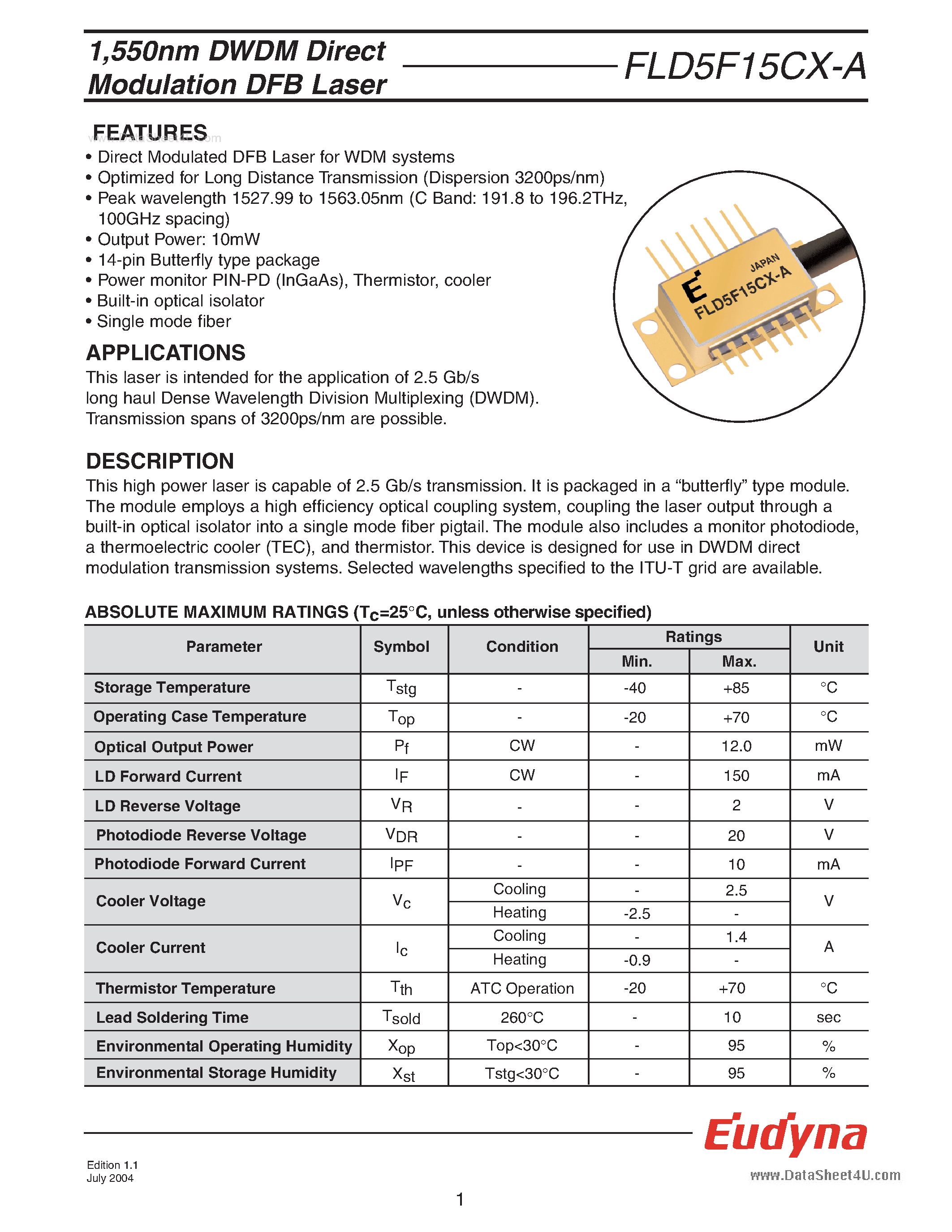 Datasheet FLD5F15CX-A - DWDM Direct Modulation DFB Laser page 1