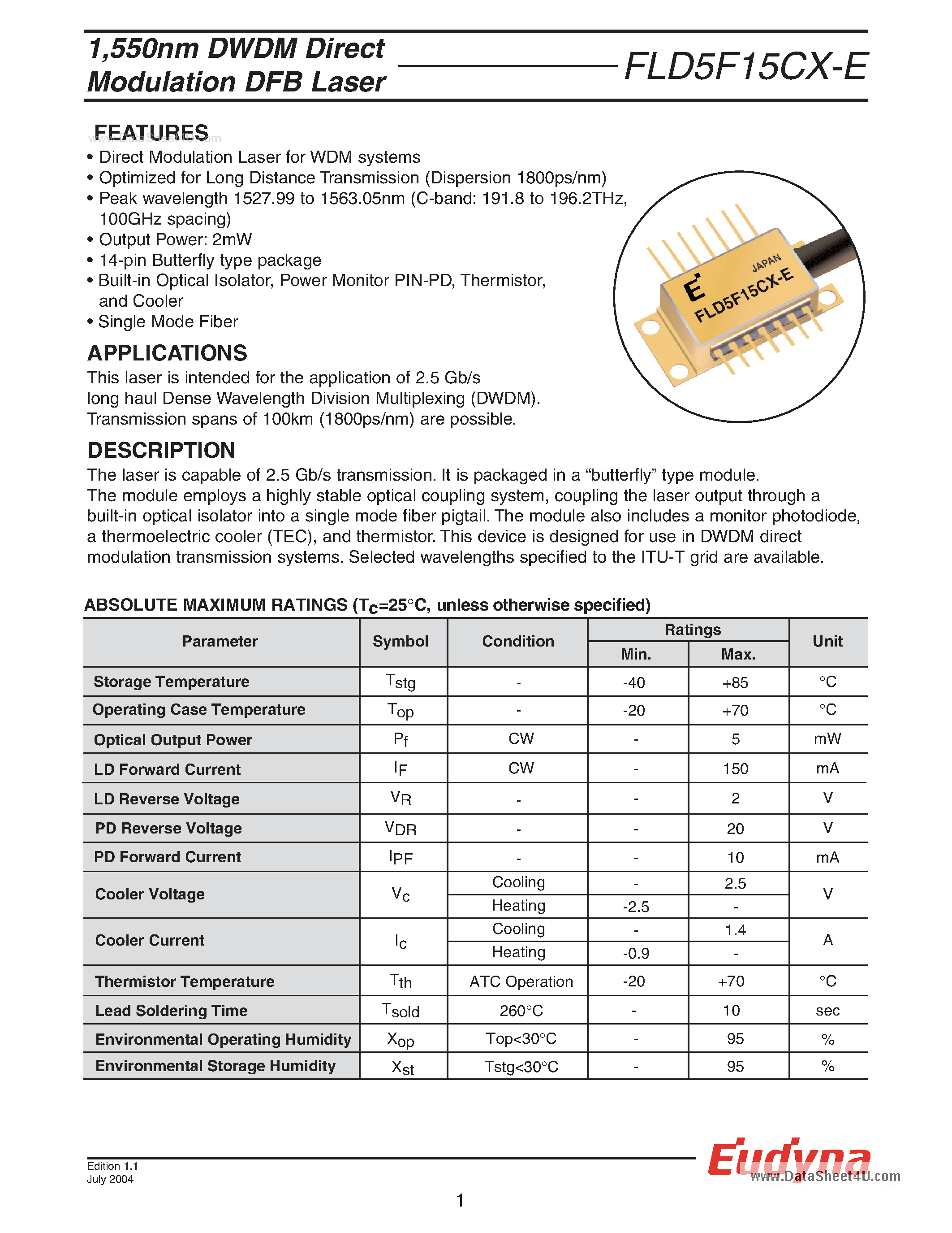 Datasheet FLD5F15CX-E - DWDM Direct Modulation DFB Laser page 1