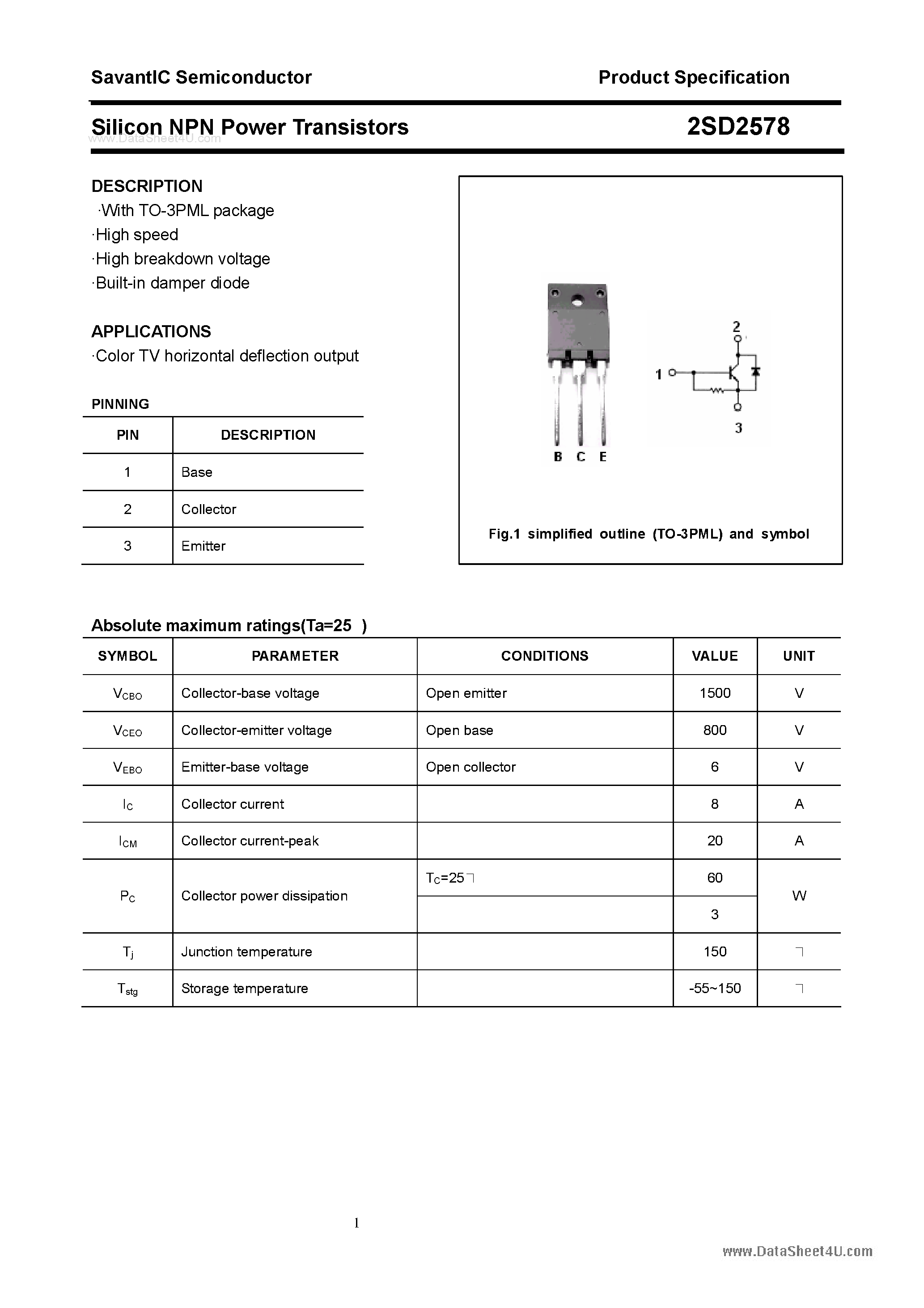 Даташит 2SD2578 - Silicon NPN Power Transistors страница 1