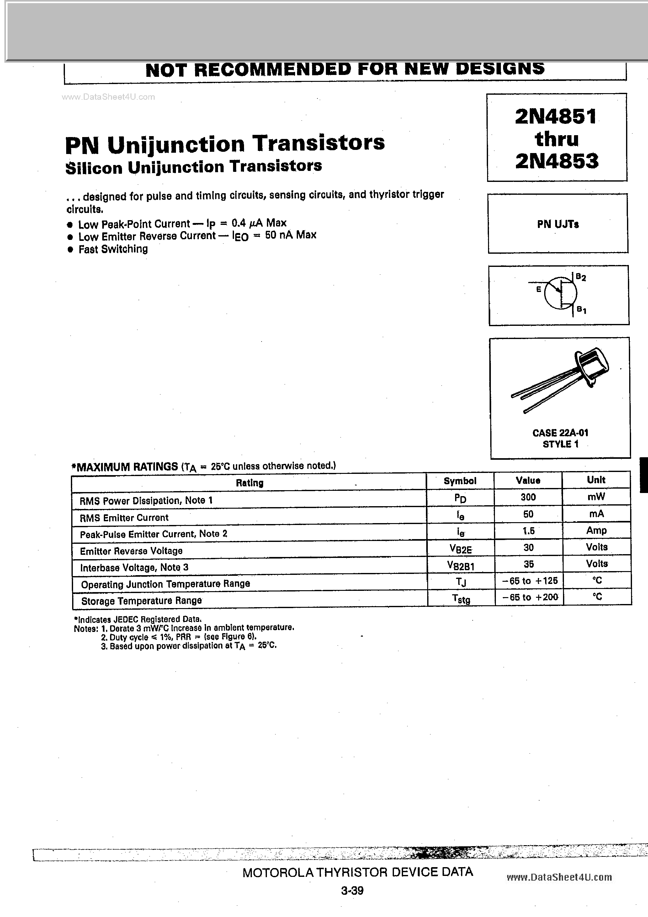 Datasheet 2N4851 - (2N4851 - 2N4853) Silicon PN unijinction transistor page 1