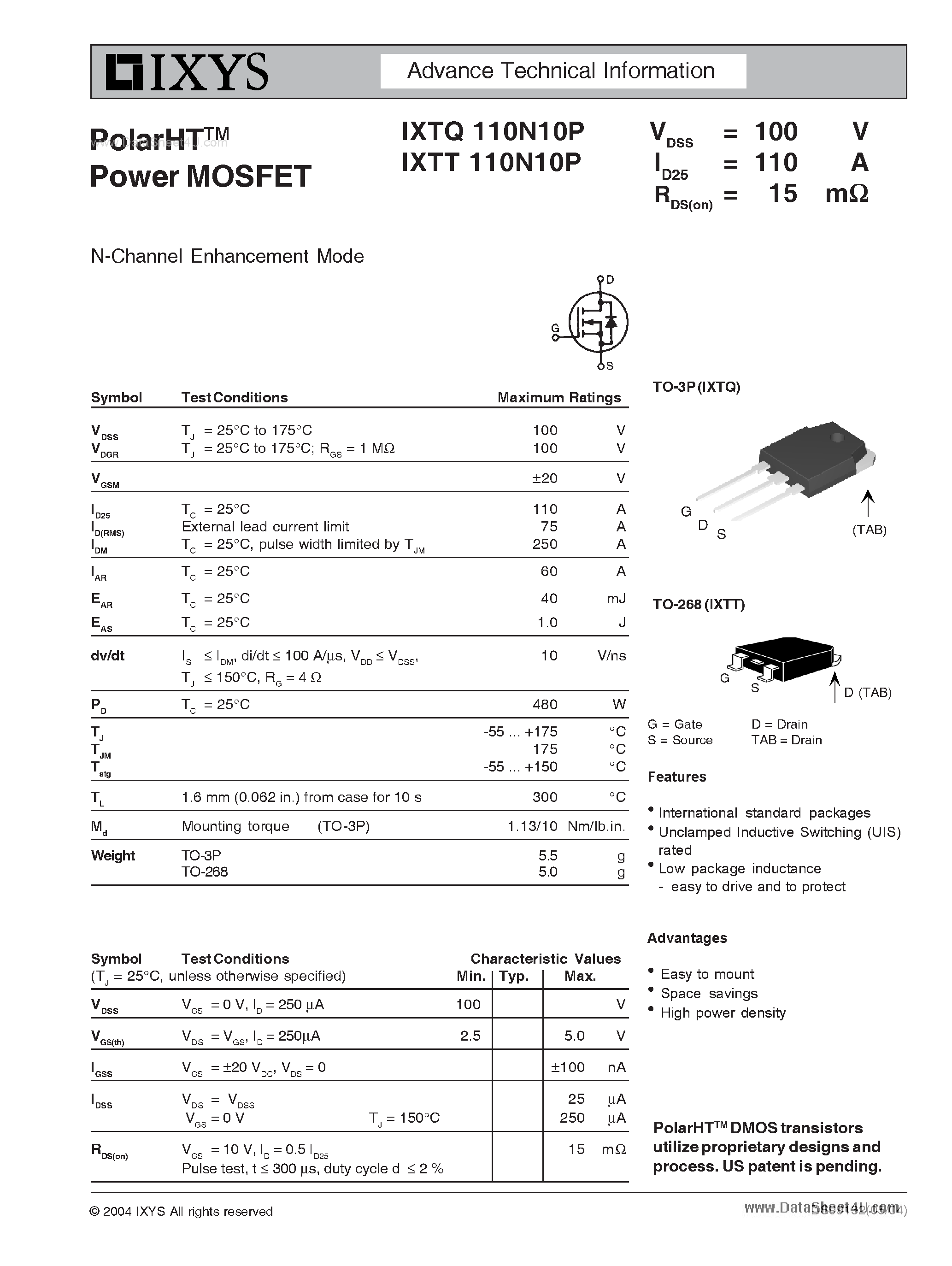 Datasheet IXTQ110N10P - N-Channel Enhancement Mode page 1