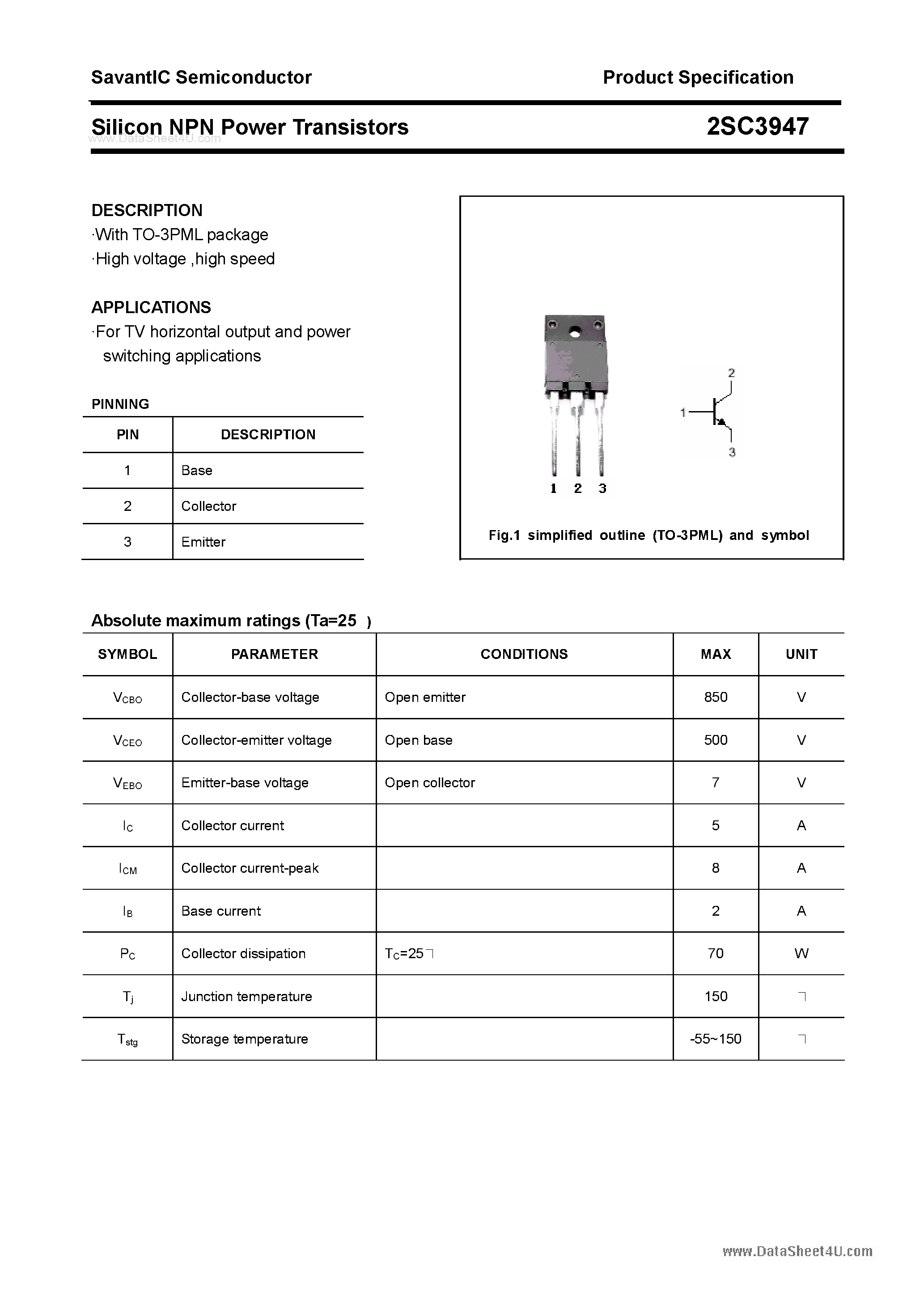 Даташит 2SC3947 - SILICON POWER TRANSISTOR страница 1