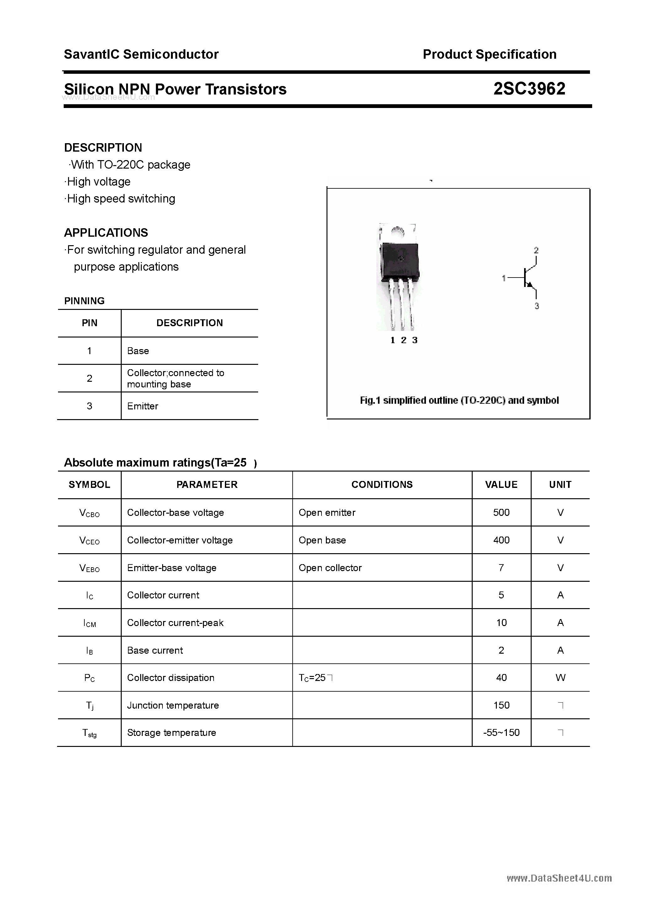 Даташит 2SC3962 - SILICON POWER TRANSISTOR страница 1