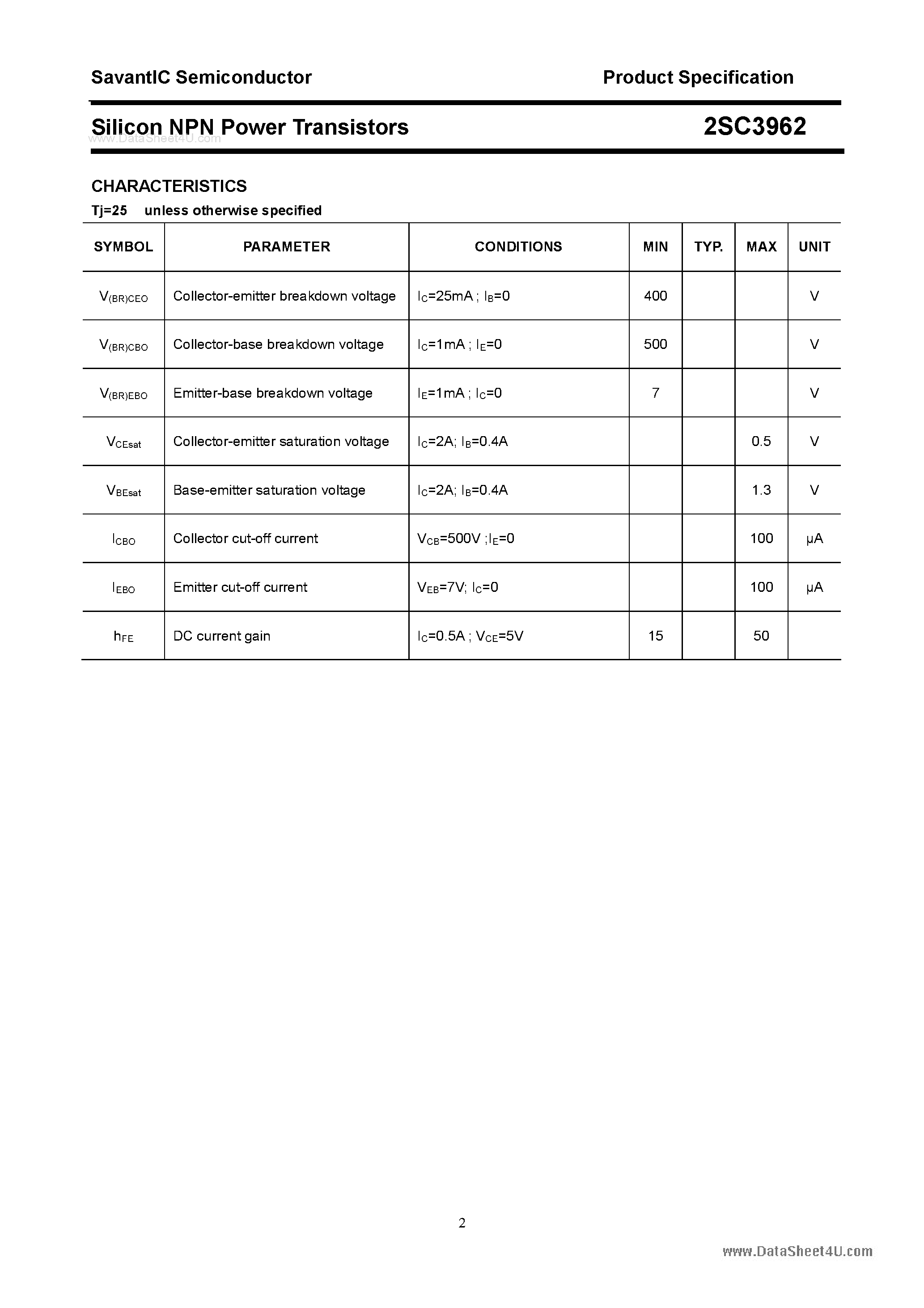 Даташит 2SC3962 - SILICON POWER TRANSISTOR страница 2